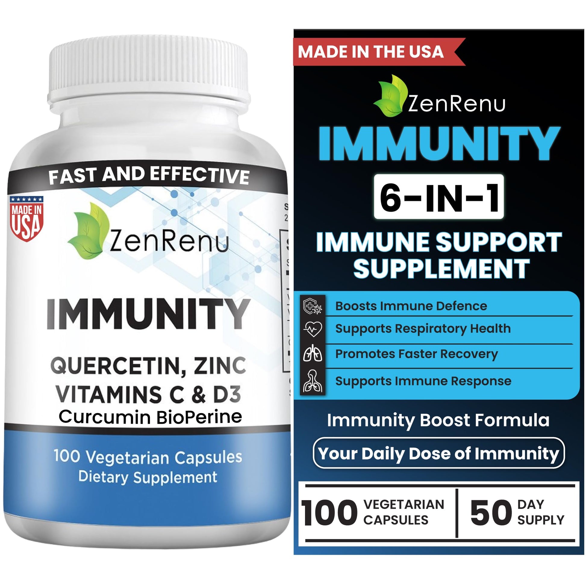 Zenrenu Immunity Quercetin 700 mg Zinc Vitamin C Vitamin D Immune Support Supplement with Curcumin - Easy to Absorb Immunity Supplement, 100 Vegetarian Capsules 50 Day Supply ZenrenuAu supplements