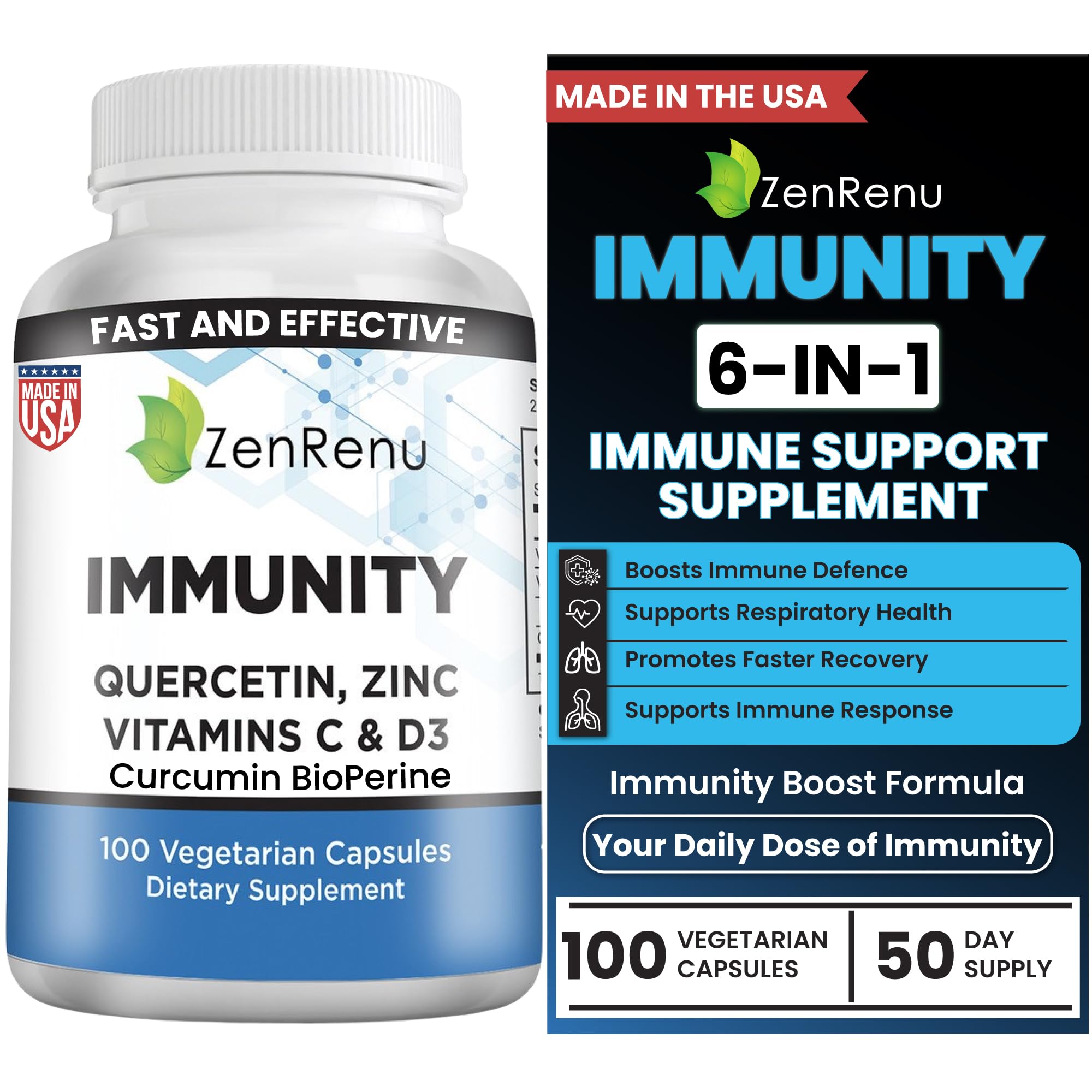 Zenrenu Immunity Quercetin 700 mg Zinc Vitamin C Vitamin D Immune Support Supplement with Curcumin - Easy to Absorb Immunity Supplement, 100 Vegetarian Capsules 50 Day Supply ZenrenuAu supplements