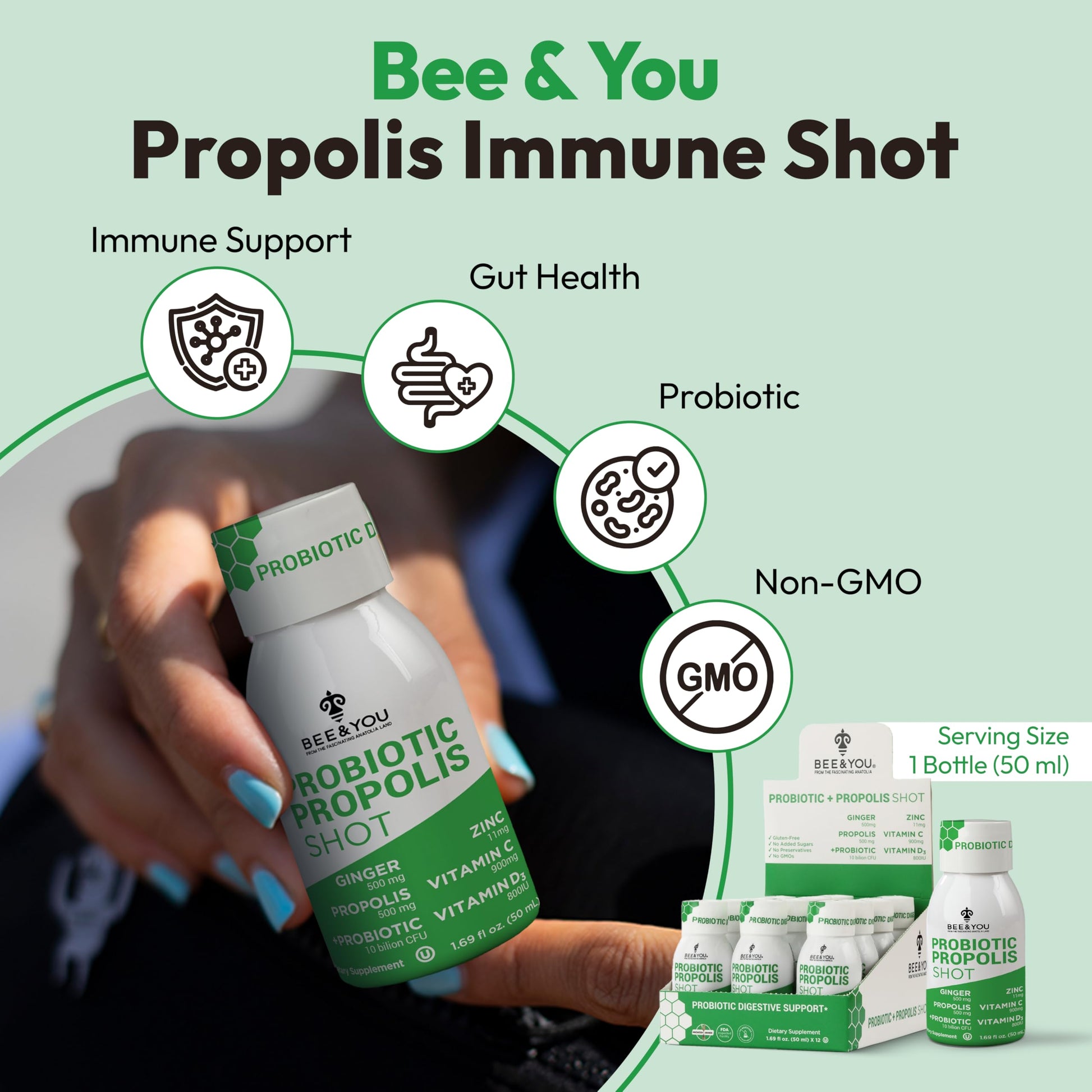 Bee and You Propolis Immune Shot, Probiotic, Vitamin C, Vitamin D3, Zinc, Ginger, Immune Support, Gut Health, Digestive Health, Bioactive 1.69 Fl. oz, 12 Pack BEE & YOUAu supplements