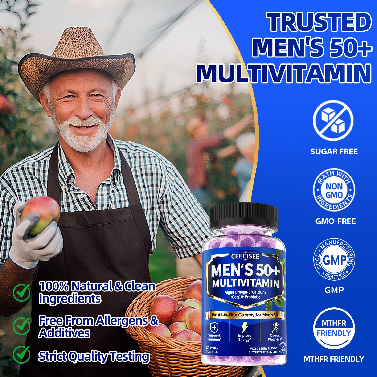 Ceecisee Methylated Multivitamin for Men Over 50: Daily Mens Multivitamins Gummies with Omega Probiotic Magnesium Zinc Vitamins D3 B12 - Energy Immune Support No Iron Vitamins Gummy for Men(60Count) CeeciseeAu supplements