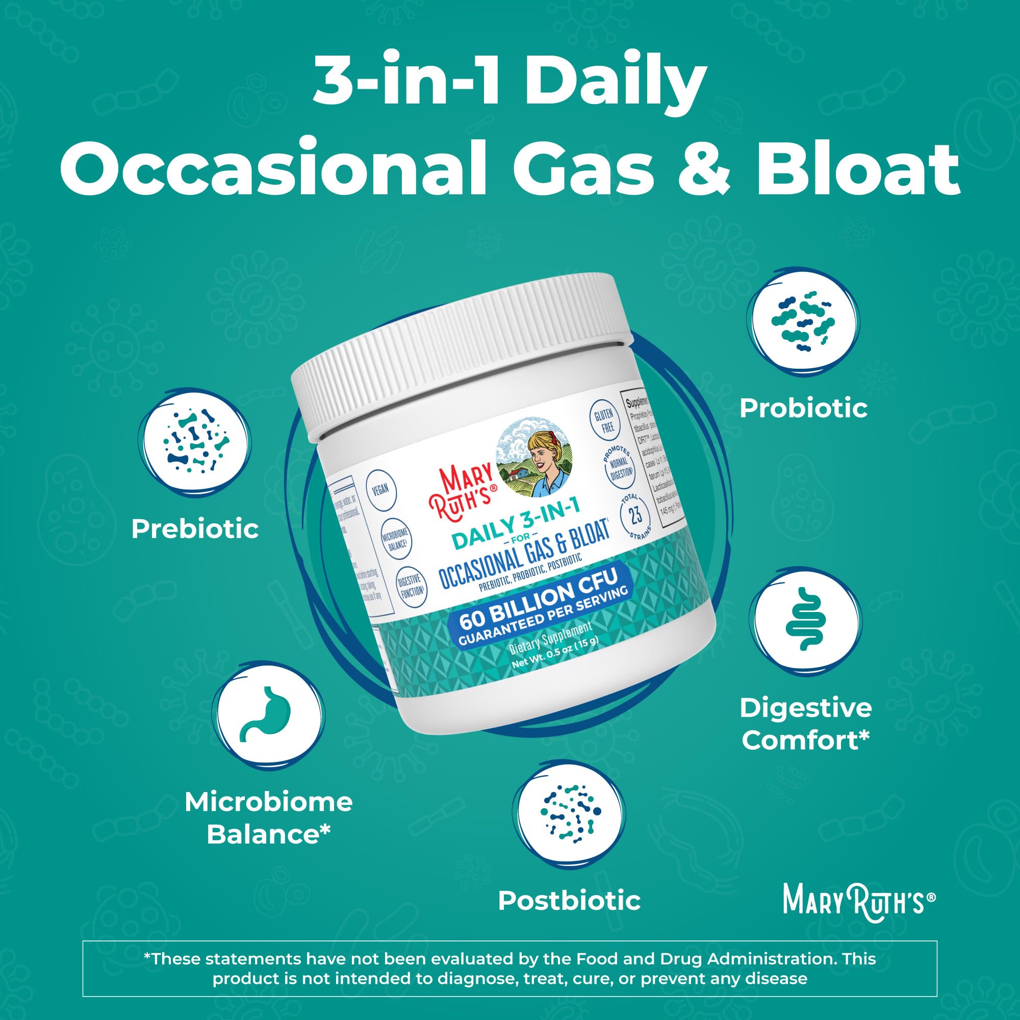 MARYRUTH'S 3-in-1 Gas & Bloat Probiotic Powder | Probiotics for Normal Digestive Function | Probiotics for Women & Men | Prebiotics & Postbiotics | 60 Billion CFU | 23 Unique Strains | 0.5 oz MARYRUTH'SAu supplements