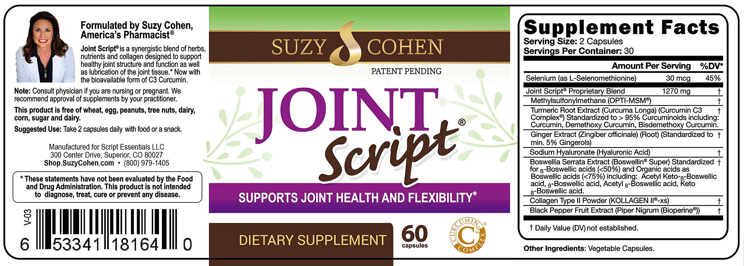 Suzy Cohen Joint Script Joint Support Supplement with Hyaluronic Acid, C3 Curcumin Turmeric Extract, MSM, Collagen Peptides, Ginger, and Boswellia for Maximum Flexibility, Tendon and Cartilage Health Script EssentialsAu supplements