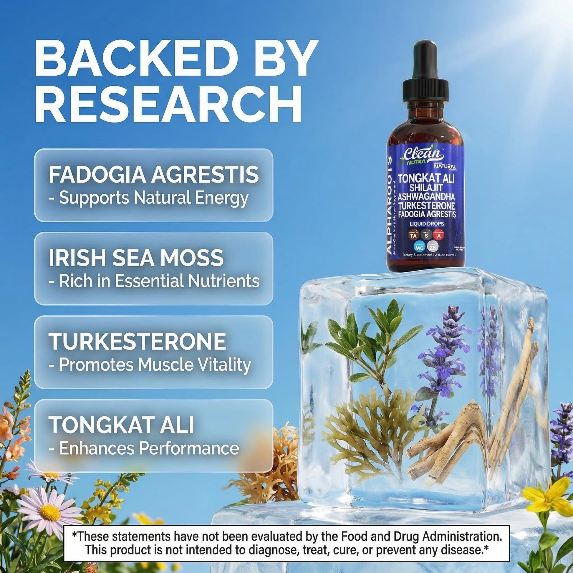 Tongkat Ali Liquid Drops Shilajit, Ashwagandha, Turkesterone, Fadogia Agrestis, Magnesium, Irish Sea Moss, and Zinc Herbal Supplement by Clean Nutra Clean NutraceuticalsAu supplements