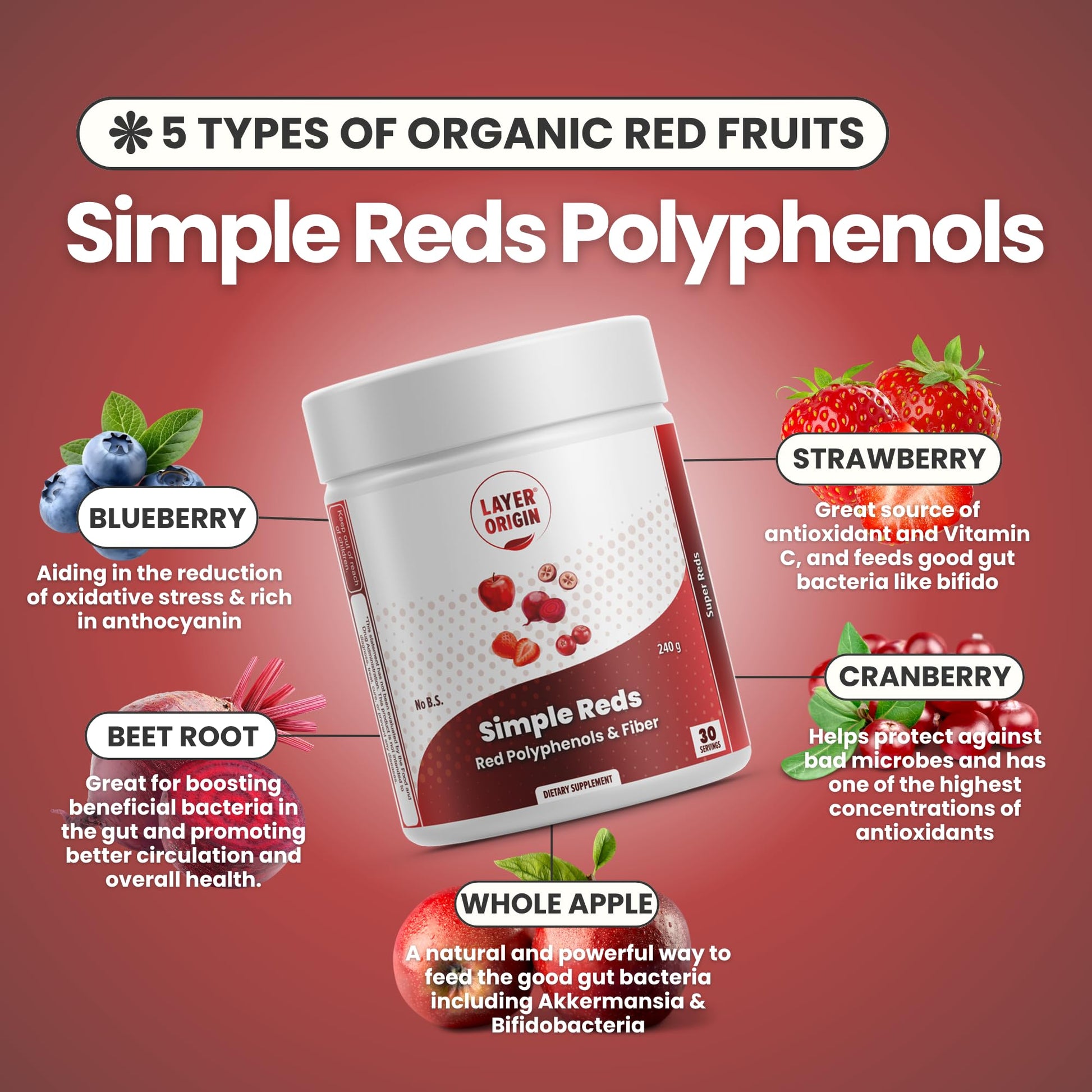 Layer Origin Simple Reds - Organic Red Polyphenols Whole Fruit Powder | Five Real Whole Fruits | 30 Servings Layer OriginAu supplements