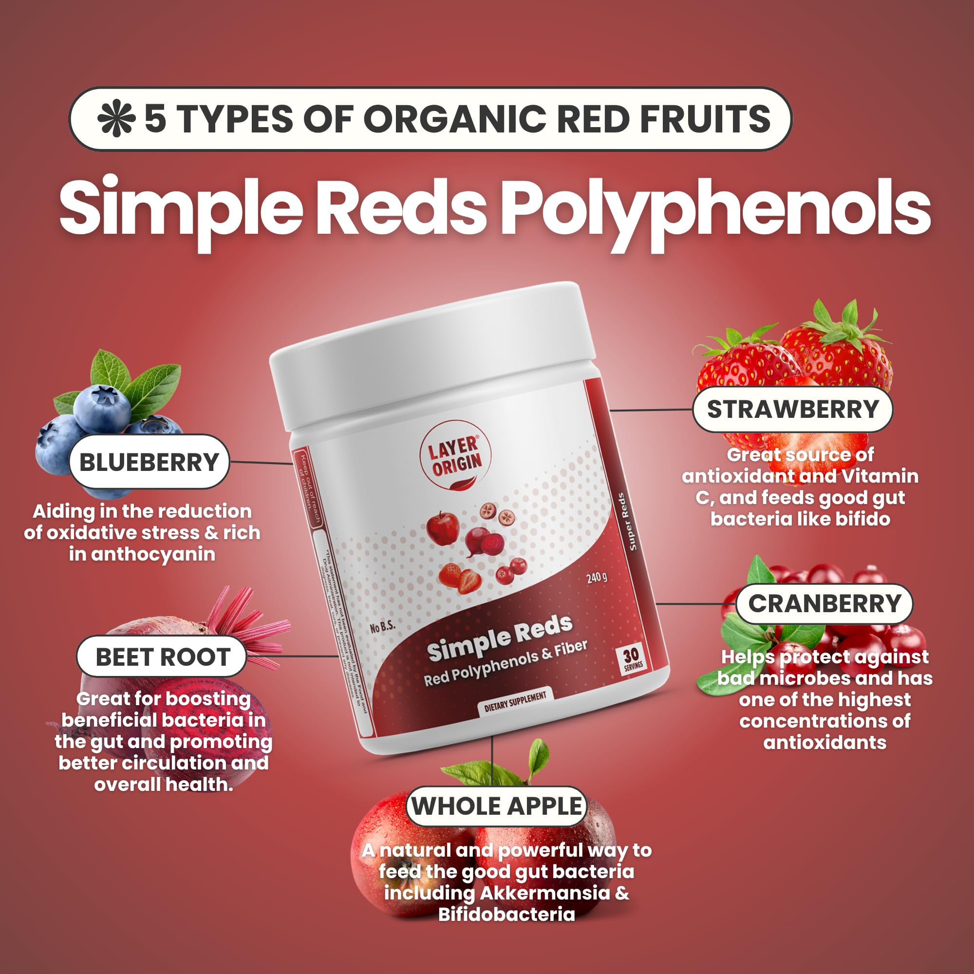 Layer Origin Simple Reds - Organic Red Polyphenols Whole Fruit Powder | Five Real Whole Fruits | 30 Servings Layer OriginAu supplements