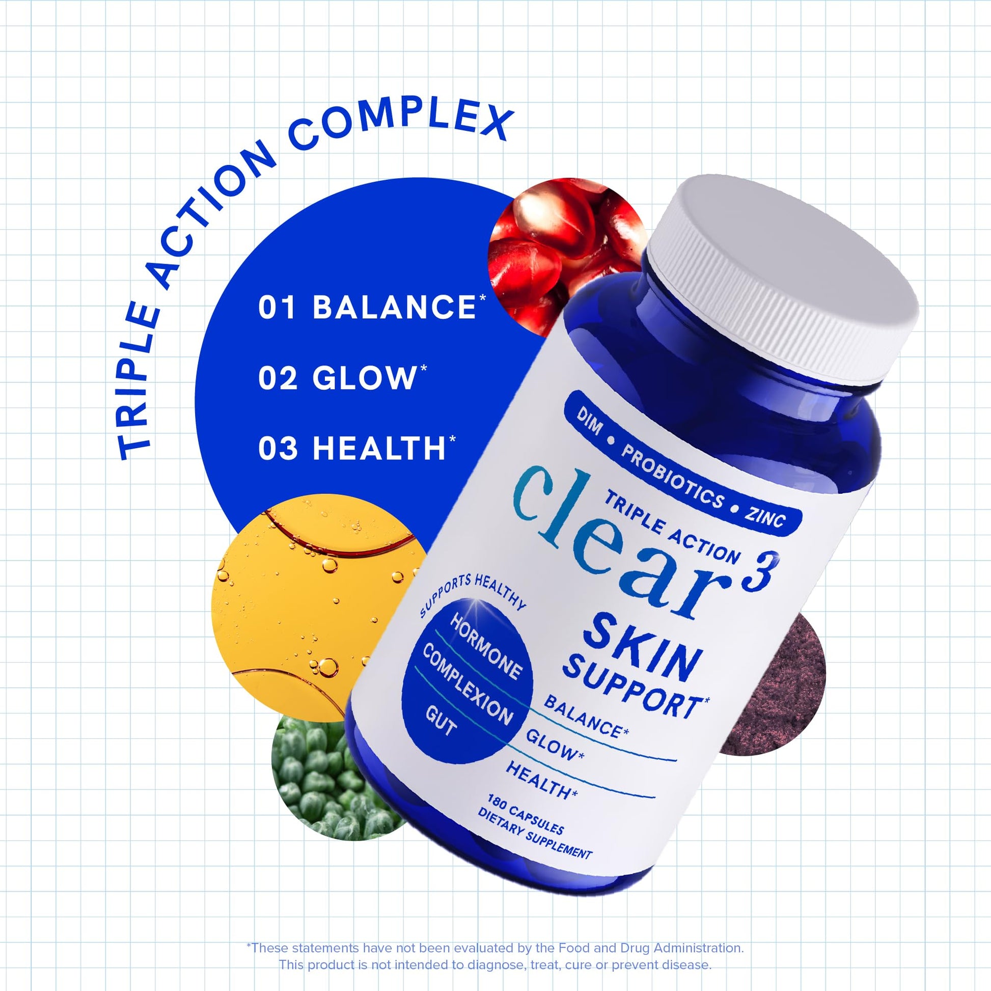 Clear Skin Supplement with Zinc, DIM & Probiotics | 3-in-1 Balance, Glow & Health Skin Support | Triple Action Hyaluronic Acid, Niaciminide & Vitamins for Hormone, Complexion & Gut Support | 180 Ct SMNutritionAu supplements