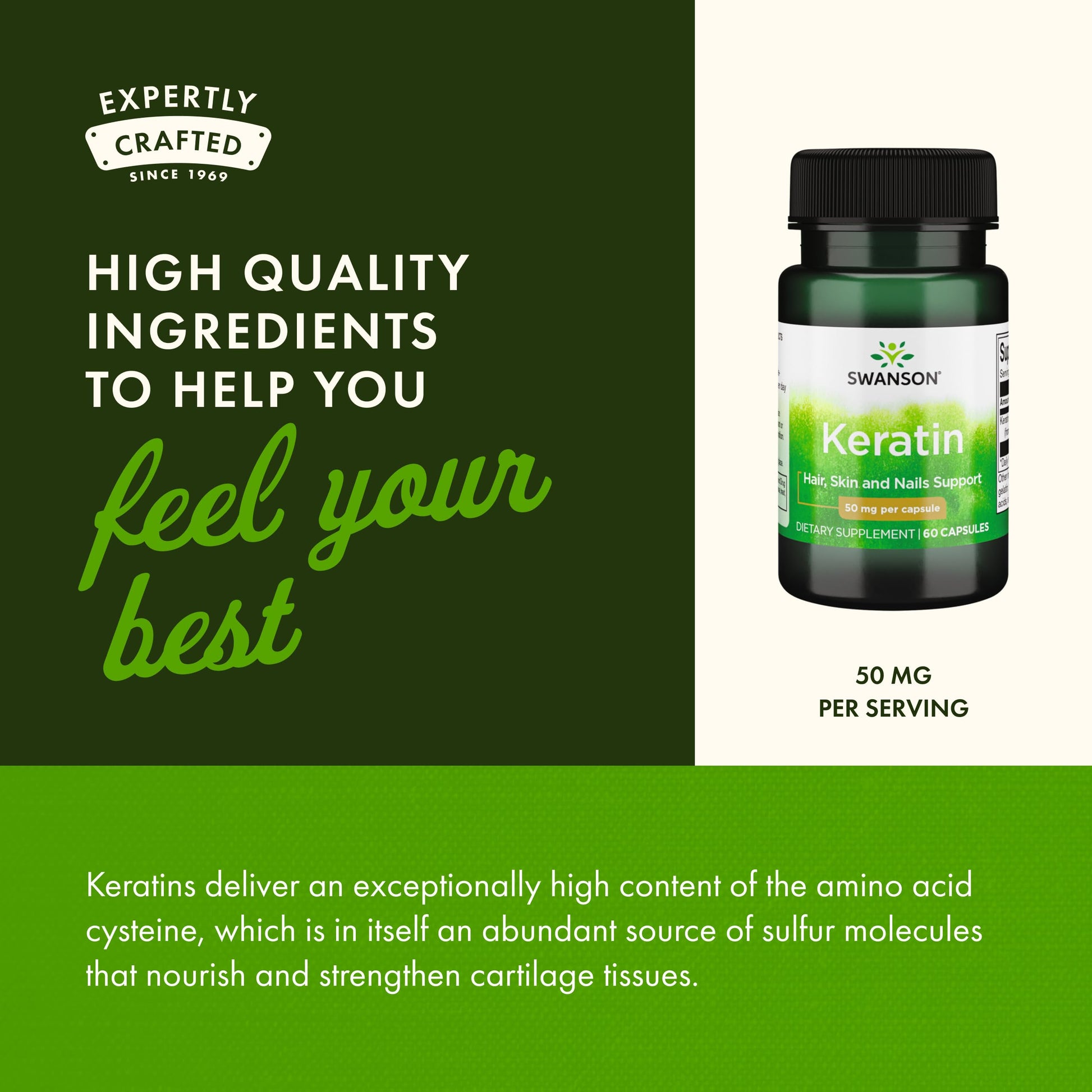 Swanson Keratin (from Tibetan Wool) - Natural Supplement Promoting Healthy Joints, Hair, Skin & Nails - Helps Nourish Healthy Connective Tissues - (60 Capsules, 50mg Each) SwansonAu supplements