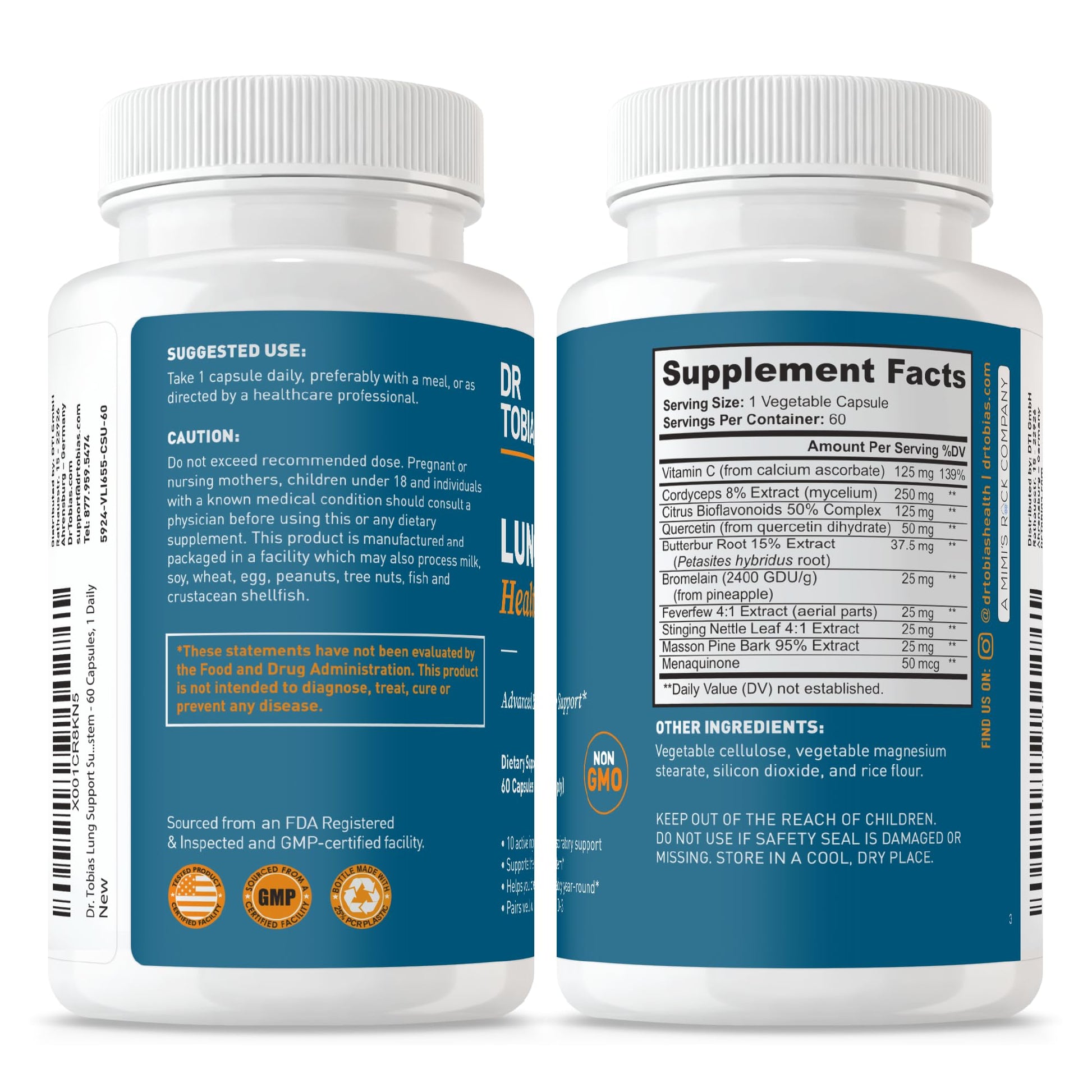 Dr. Tobias Lung Health - Lung Support Supplement with Vitamin C, Butterbur, Quercetin & Bromelain | Lung Cleanse & Detox Formula for Bronchial & Respiratory System Non-GMO (60 Capsules, 60 Servings) Dr. TobiasAu supplements