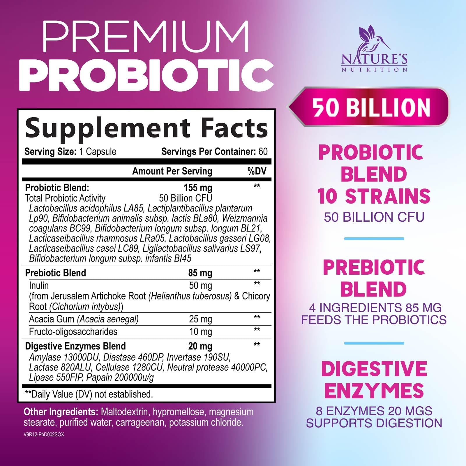Probiotics 50 Billion CFU per Serving - 10 Strains + Prebiotics - Digestive Health, Gut & Immune Support - Supports Occasional Constipation, Gas & Bloating for Women & Men Shelf Stable - 60 Capsules Nature's NutritionAu supplements