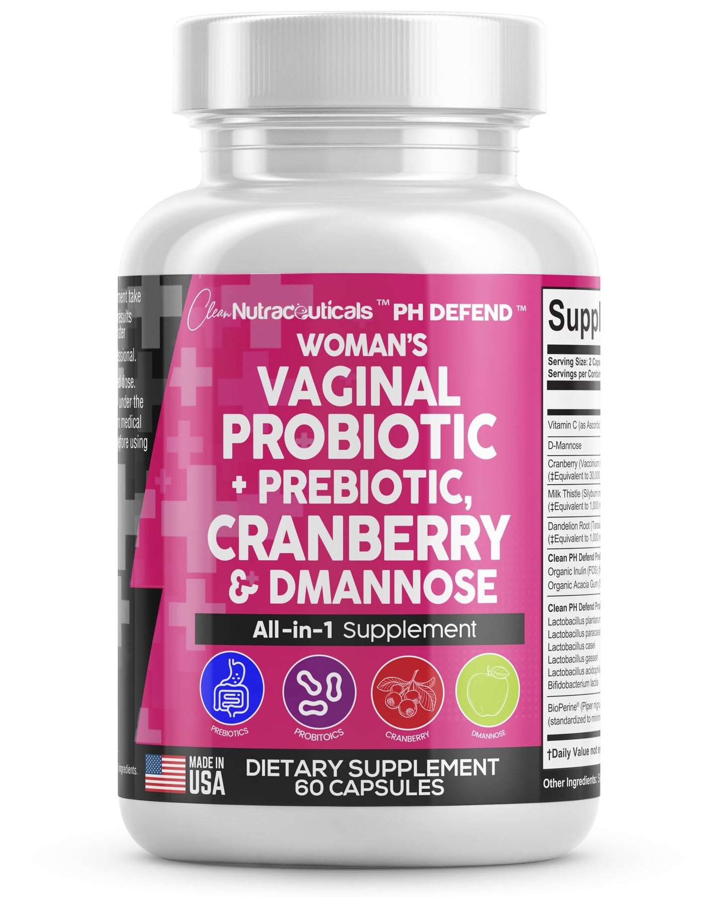 Vaginal Probiotics For Women + Prebiotics 20 Billion Cranberry Pills 30,000mg w/ D-Manno Clean NutraceuticalsUS supplements