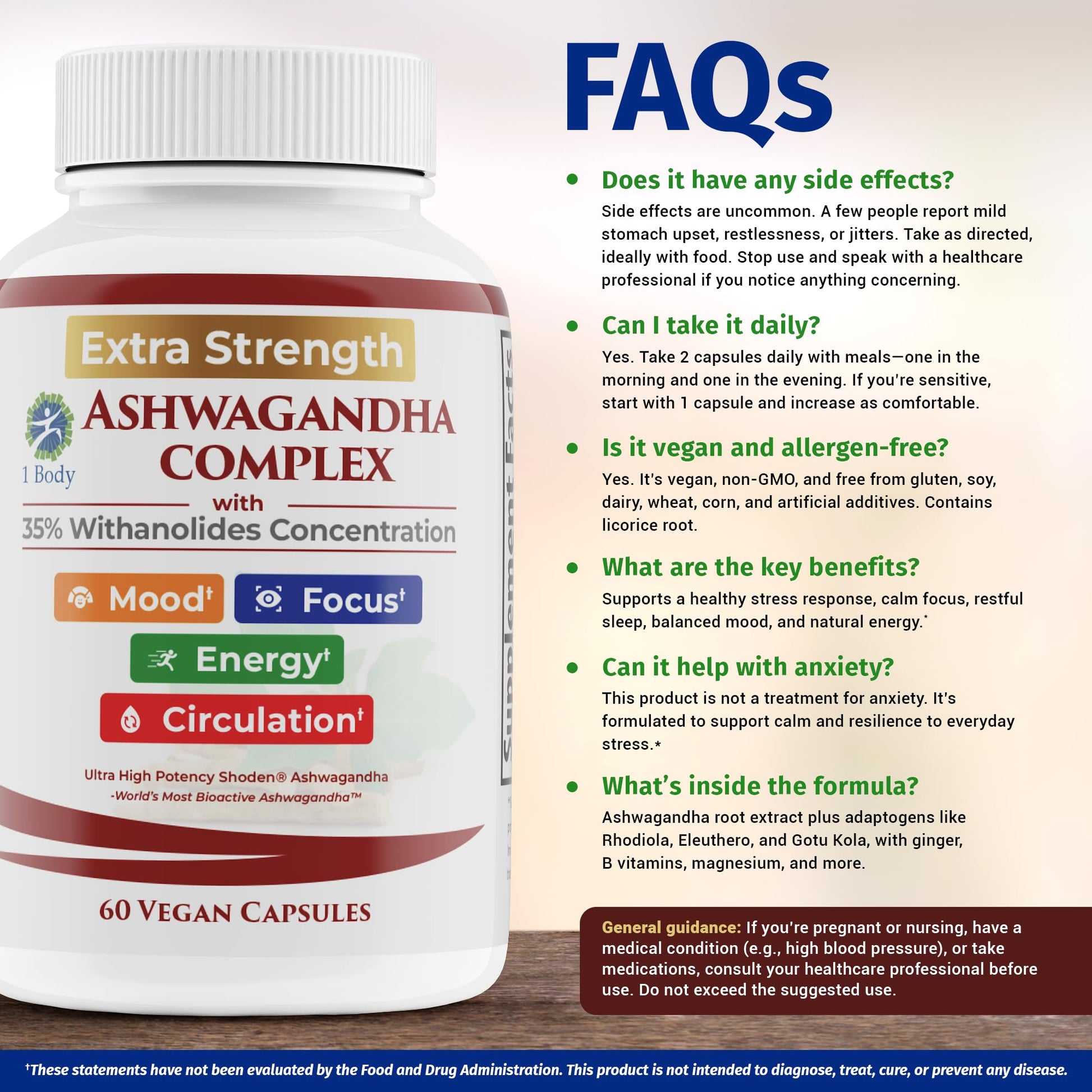 Ashwagandha Complex Adrenal Support Supplement for Stress Relief, Cortisol Balance, Energy & Focus, Mood Support, 35% Withanolides, 60 Vegan Capsules 1 BodyAu supplements