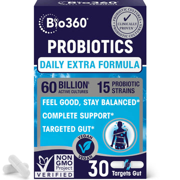Extra Strength Probiotic for Digestive Health and Immune Support, 60 Billion CFU & 15 Strains, Gut Health Probiotics for Men and Women Supports Occasional Constipation, Diarrhea, Gas & Bloating, 30CT Bio360Au supplements
