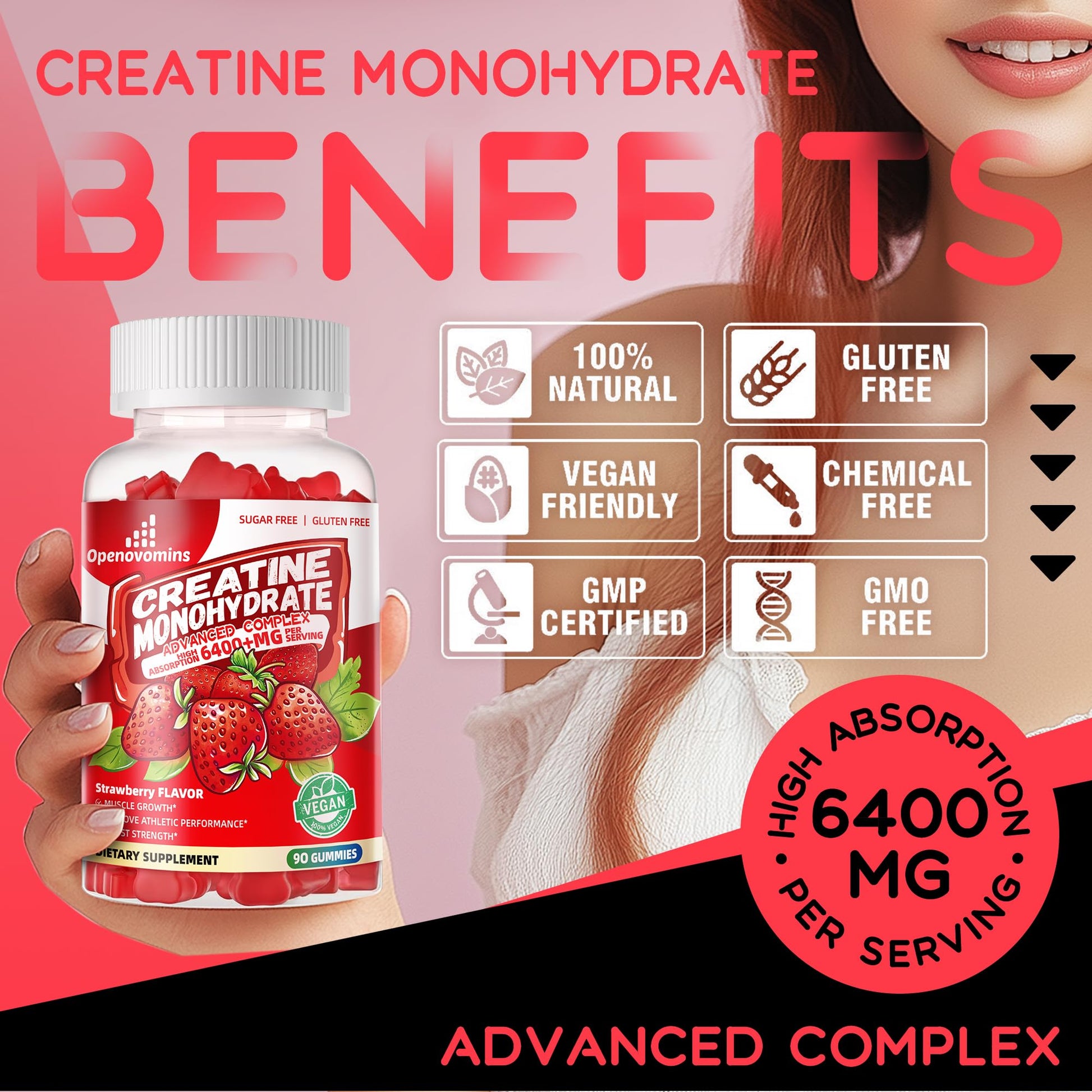 Creatine Monohydrate Gummies Complex for Men & Women -Advanced Formula W/L-Taurine + Vitamin B12, Sugar Free Chewable Supplement,90 Strawberry Gummies OpenovominsAu supplements