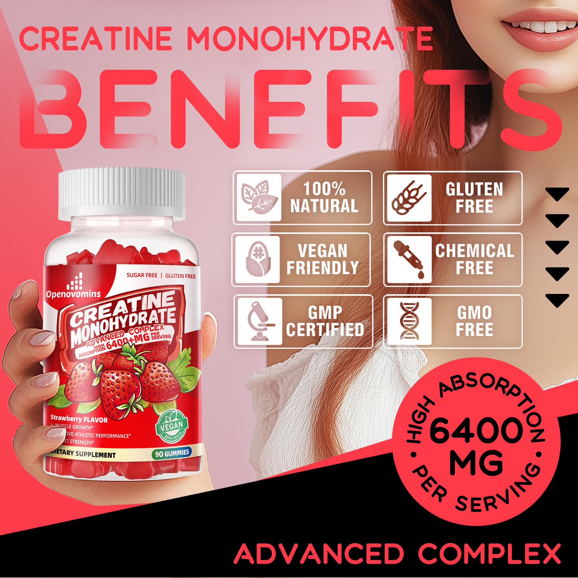 Creatine Monohydrate Gummies Complex for Men & Women -Advanced Formula W/L-Taurine + Vitamin B12, Sugar Free Chewable Supplement,90 Strawberry Gummies OpenovominsAu supplements