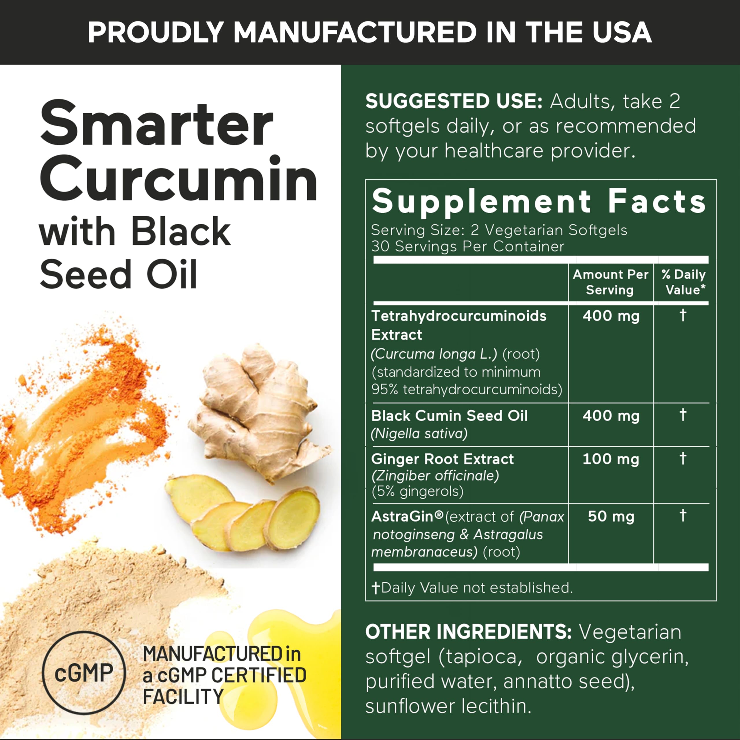 SMARTERNUTRITION Curcumin Softgels - Vegan High Absorption 400 mg Turmeric Supplement + Black Seed Oil & Ginger - 95% Tetrahydrocurcuminoids Non-GMO, USA Manufactured - 60 Ct[30 Servings] SMARTERNUTRITIONAu supplements