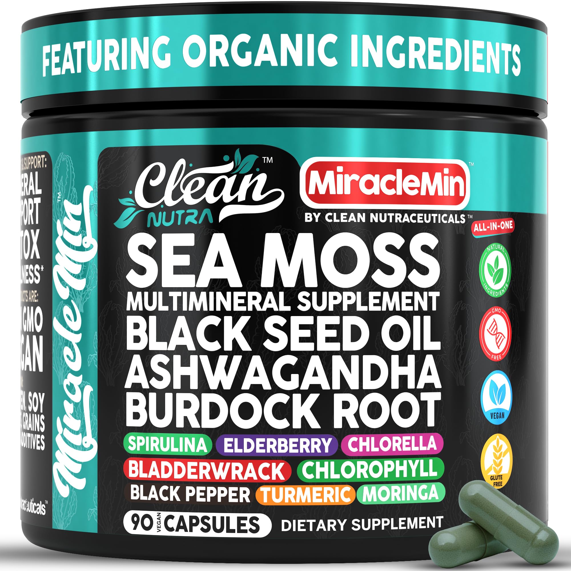 Clean Nutra Organic Sea Moss Capsules with Ashwagandha, Black Seed Oil, Burdock Root, Bladderwrack, Moringa, Chlorella, Spirulina, Turmeric, Elderberry, Amla – 90 Vegan Capsules – MiracleMin Clean NutraceuticalsAu supplements