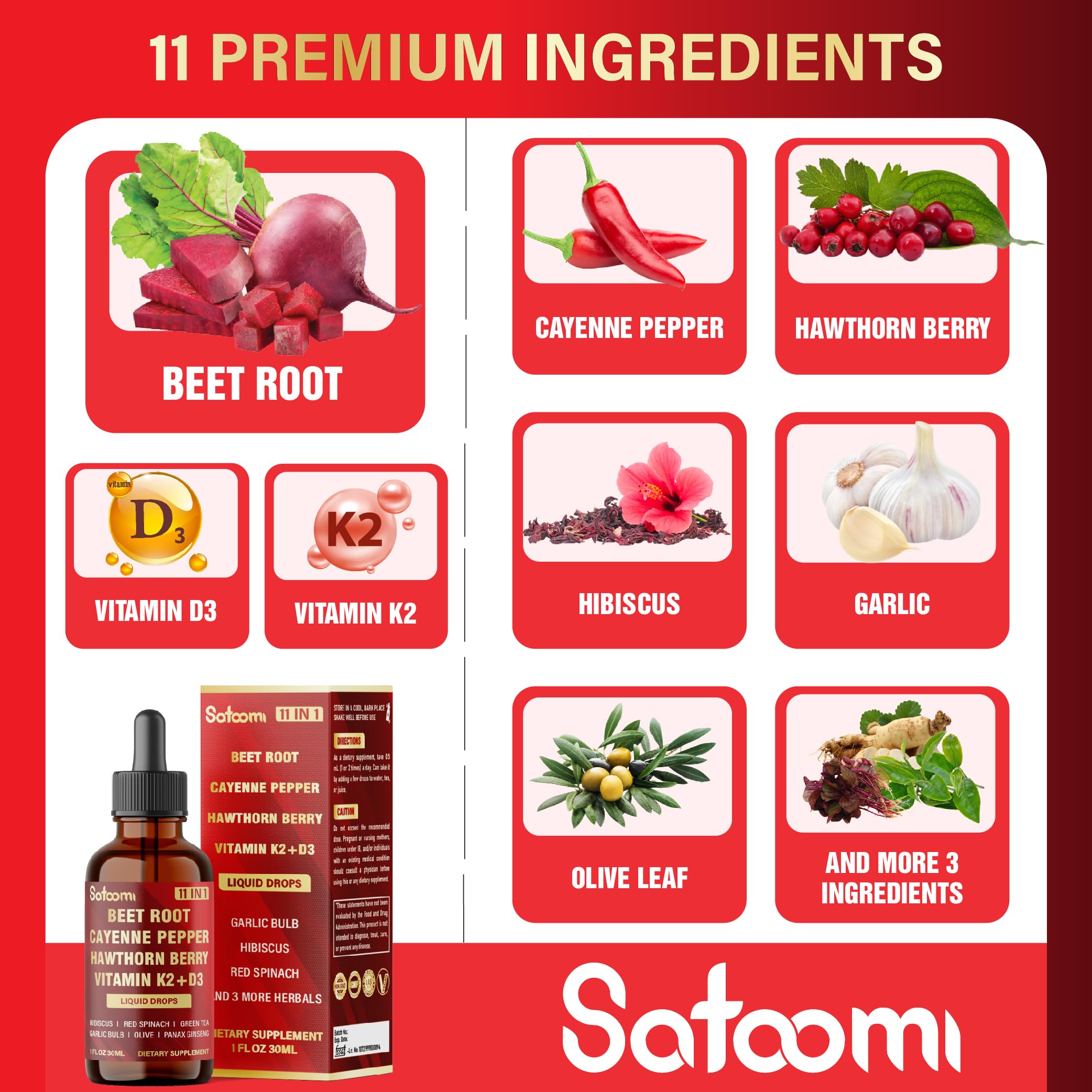 11in1 Beet Root Liquid Drops Supplement with Formula with D3, K2, Hawthorn, Red Spinach, Garlic & Green Tea and More - Supports Immune & Vitality - 1 FL Oz - for 60 Days SatoomiAu supplements
