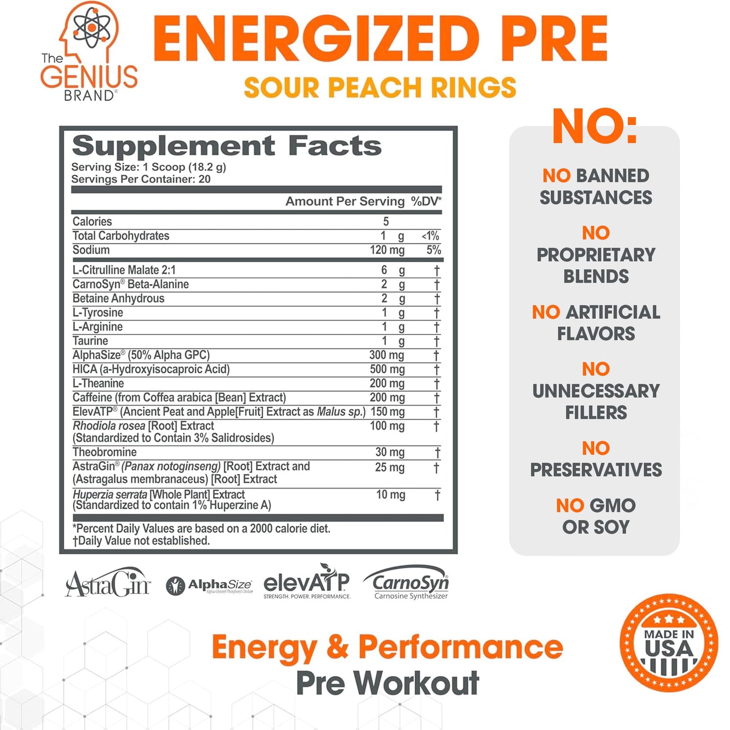 Genius Energized Pre Workout Powder – Caffeine Infused Pre-Workout Booster Supplement with Beta Alanine & Alpha GPC, No Artificial Sweeteners or Dyes - 200mg Caffeine, 20 Servings, Sour Peach Rings The Genius BrandUS supplements