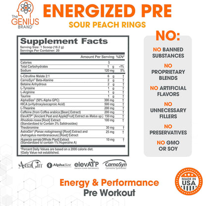Genius Energized Pre Workout Powder – Caffeine Infused Pre-Workout Booster Supplement with Beta Alanine & Alpha GPC, No Artificial Sweeteners or Dyes - 200mg Caffeine, 20 Servings, Sour Peach Rings The Genius BrandUS supplements