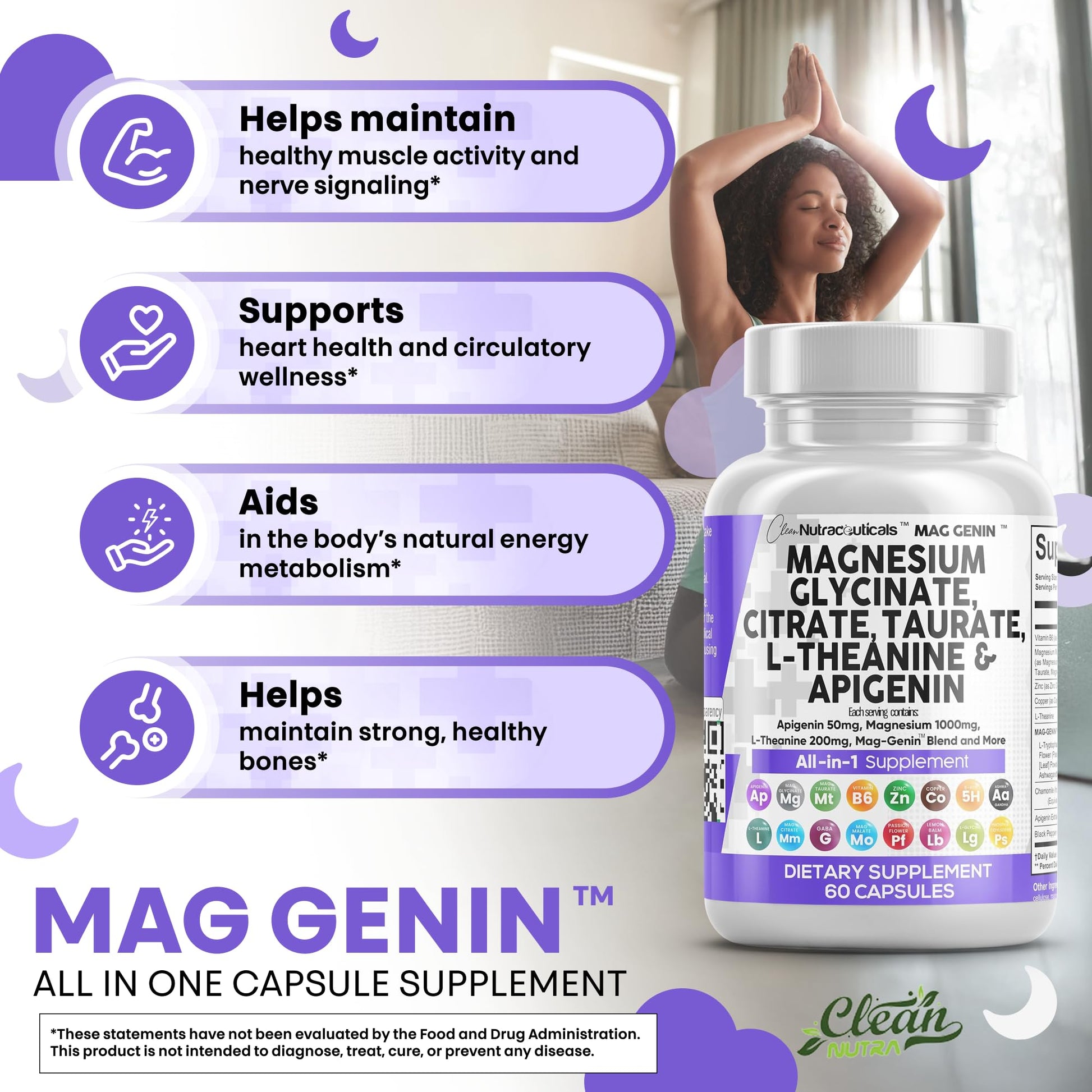 Clean Nutraceuticals Magnesium Glycinate Complex 1000mg with L-Theanine 200mg Apigenin 50mg Citrate Taurate Supplement - 5-HTP GABA Passion Flower Lemon Balm L-Glycine Phosphatidylserine - 60 Count Clean NutraceuticalsAu supplements