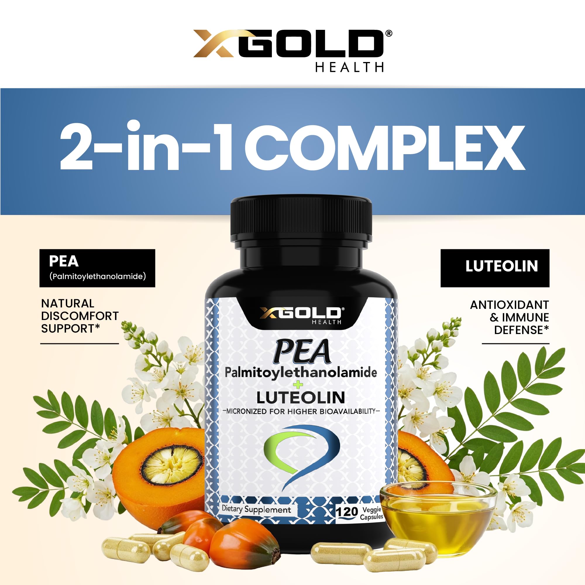 Palmitoylethanolamide 630 mg + Luteolin Standardized 98%- Micronized Pea 99% Highly Purified and Bioavailable - Made in USA - Supplement for Men and Women - 120 Veggie Capsules X Gold HealthAu supplements