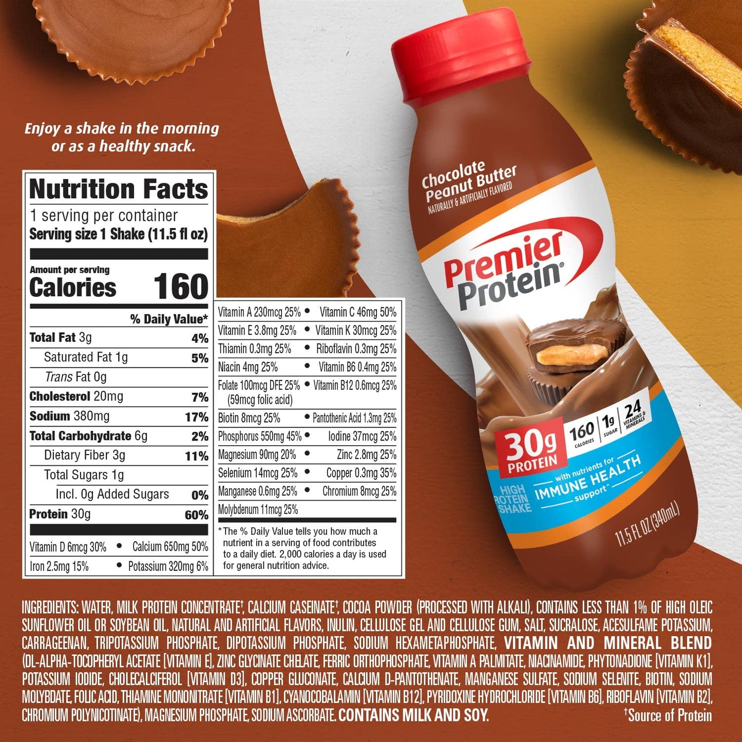 Premier Protein Shake, Chocolate Peanut Butter Liquid, 30g Protein, 1g Sugar, 24 Vitamins Premier ProteinUS supplements
