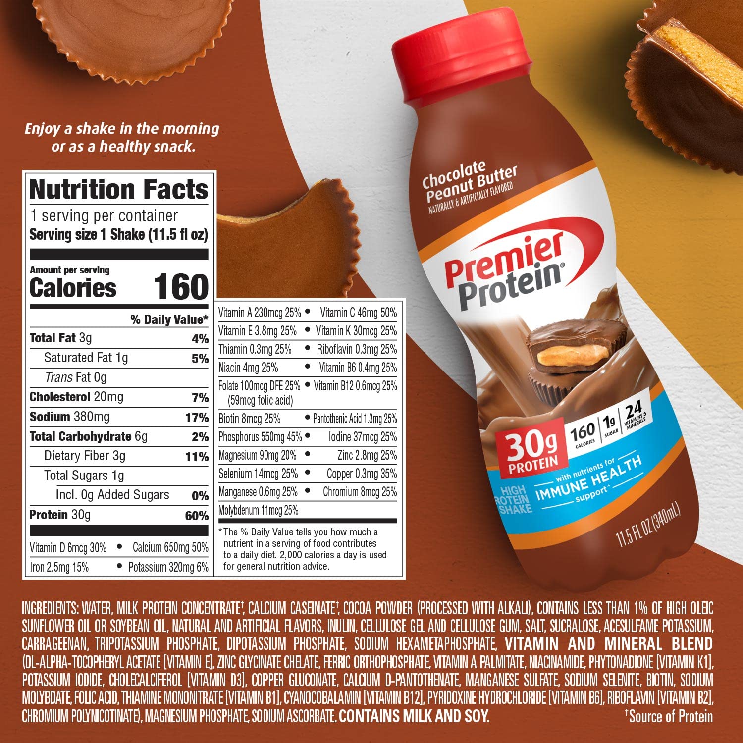Premier Protein Shake, Chocolate Peanut Butter Liquid, 30g Protein, 1g Sugar, 24 Vitamins Premier ProteinUS supplements