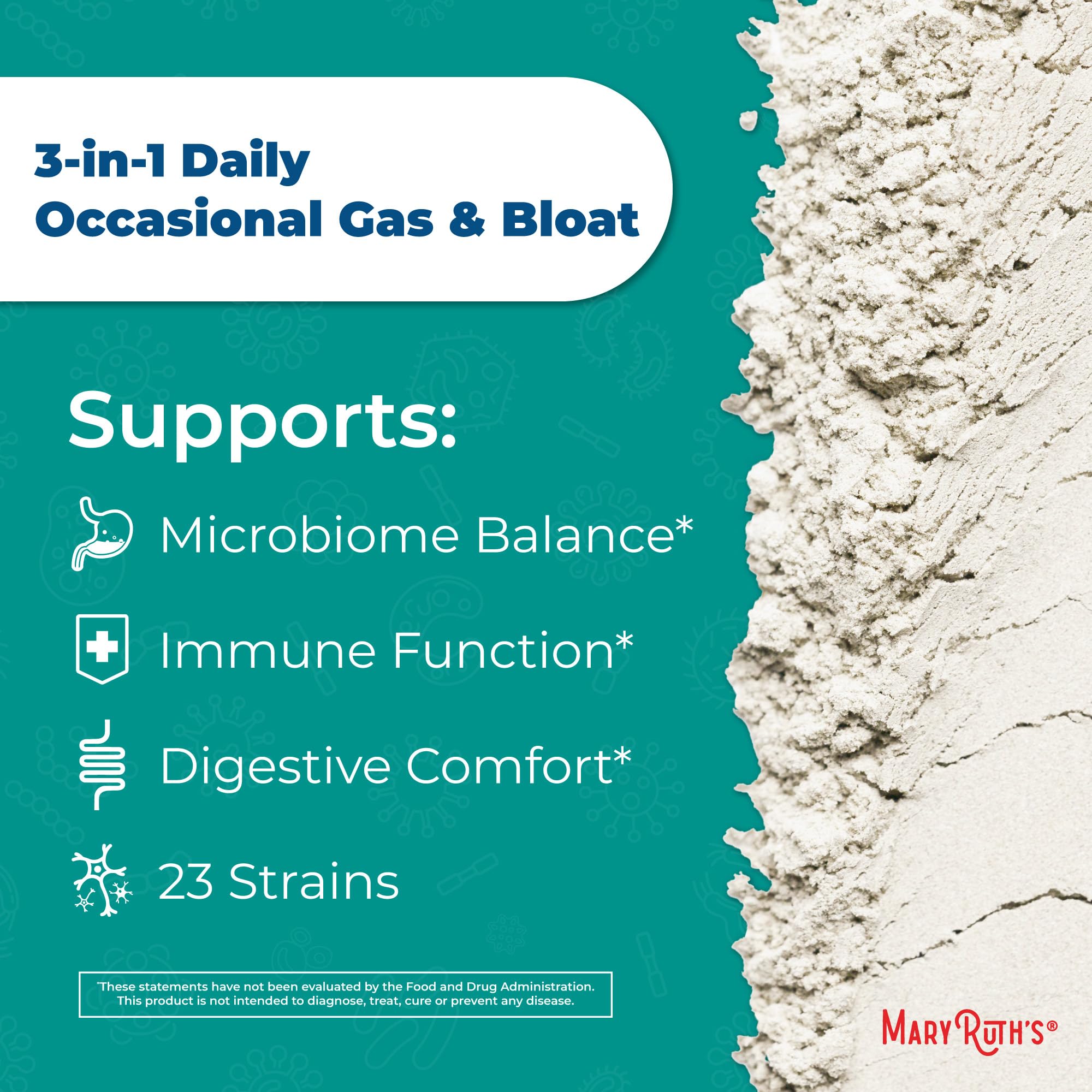 MARYRUTH'S 3-in-1 Gas & Bloat Probiotic Powder | Probiotics for Normal Digestive Function | Probiotics for Women & Men | Prebiotics & Postbiotics | 60 Billion CFU | 23 Unique Strains | 0.5 oz MARYRUTH'SAu supplements