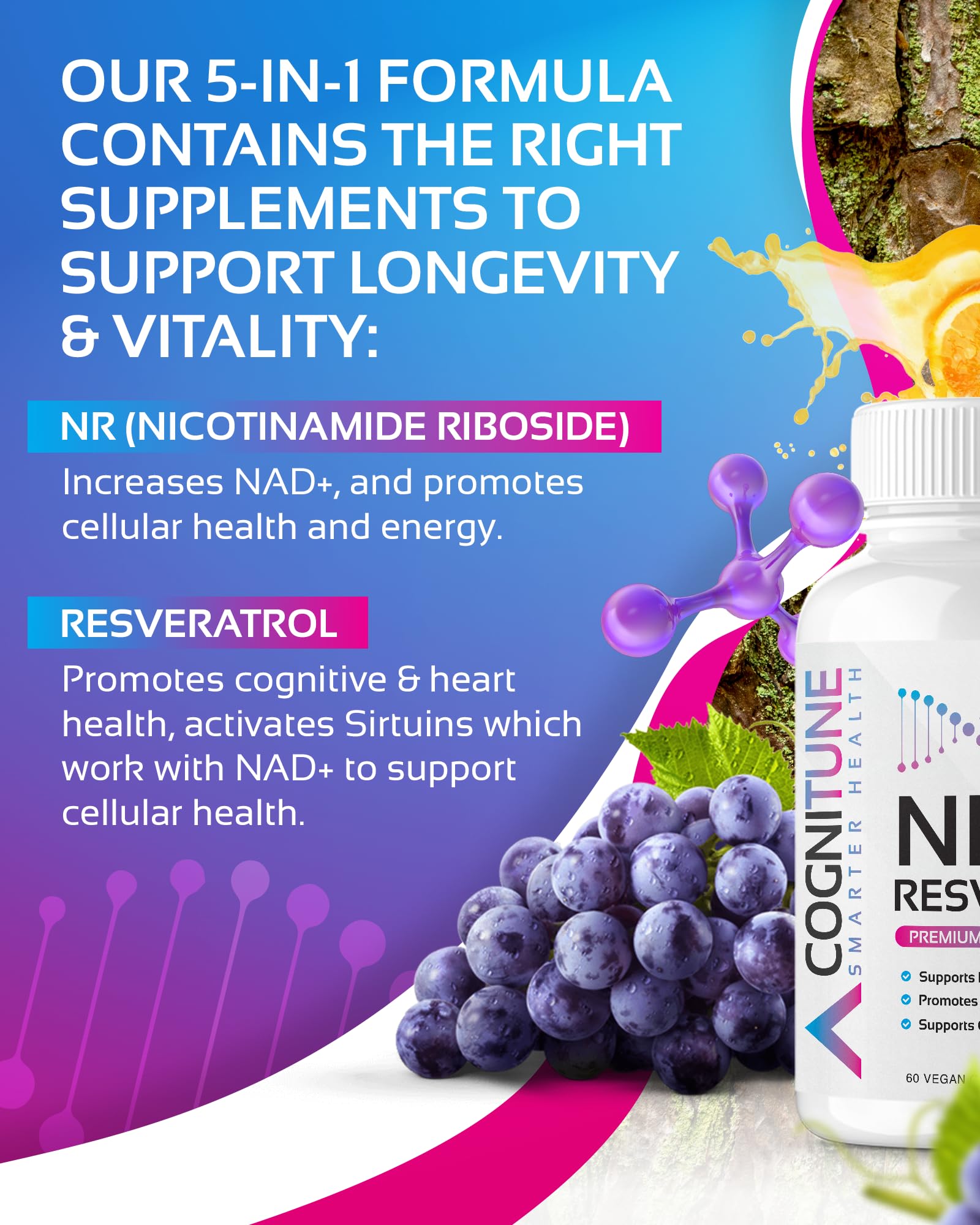 NR + Resveratrol Supplement - Increase NAD, DNA & Cellular Health, Longevity, Vitality. 5-in-1 Anti Aging Formula w/ Nicotinamide Riboside, Trans Resveratrol, Vitamin C, Grape Seed, Pine Bark CogniTuneAu supplements