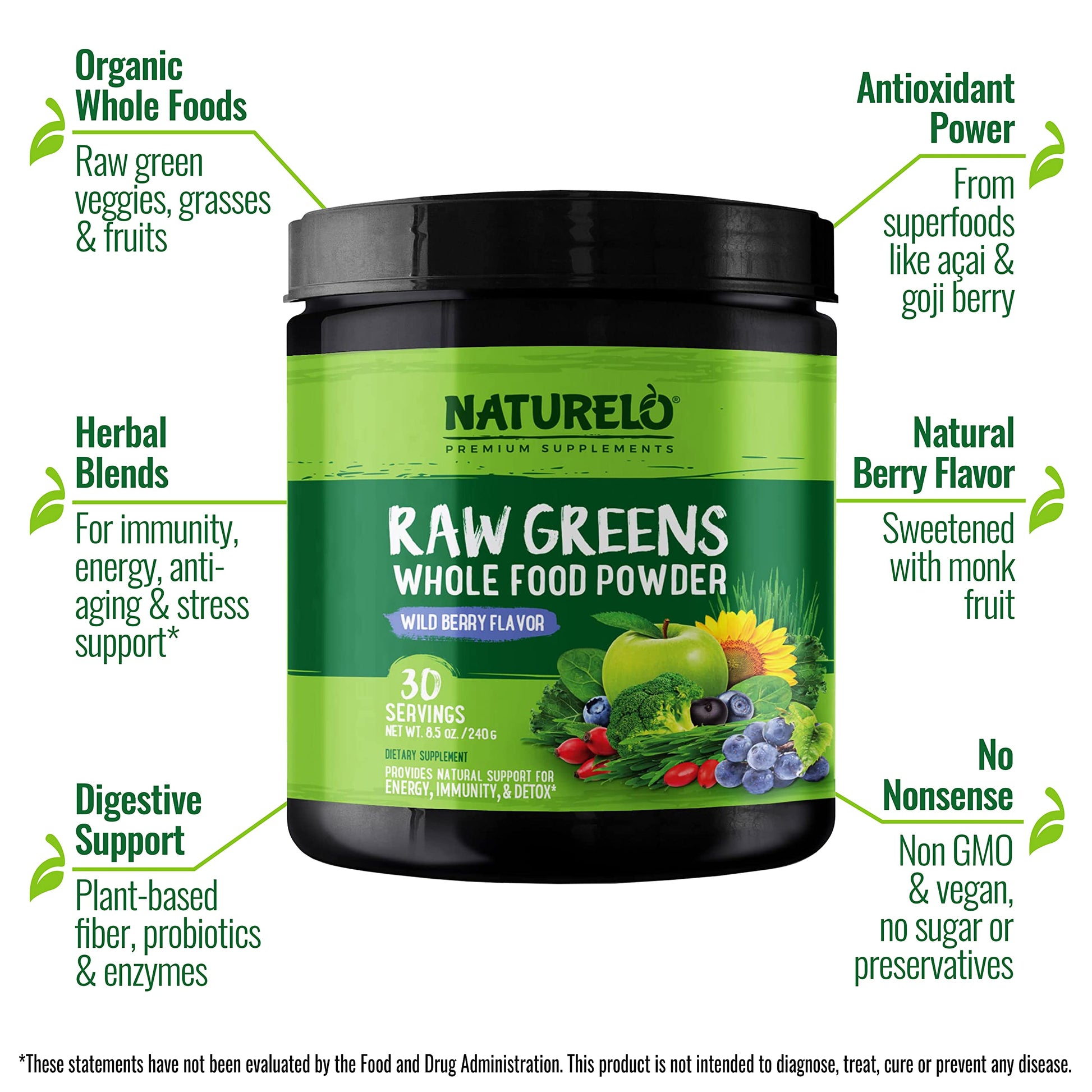NATURELO Raw Greens Superfood Powder - Wild Berry Flavor - Boost Ener NATURELOAu supplements