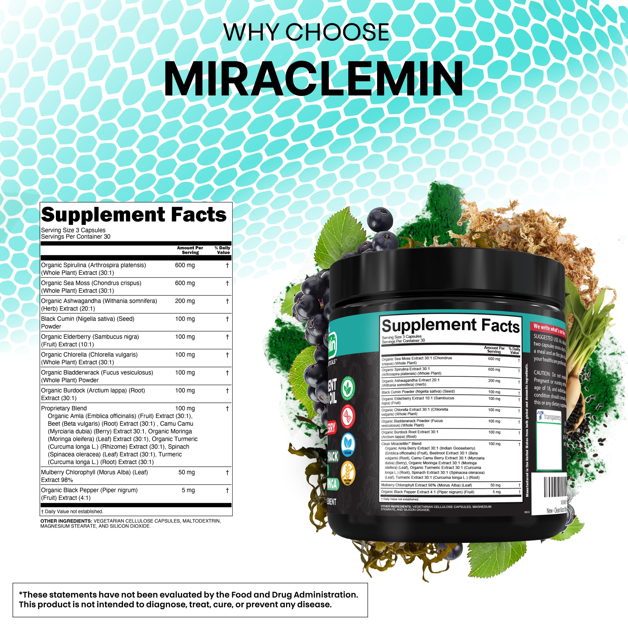 Clean Nutra Organic Sea Moss Capsules with Ashwagandha, Black Seed Oil, Burdock Root, Bladderwrack, Moringa, Chlorella, Spirulina, Turmeric, Elderberry, Amla – 90 Vegan Capsules – MiracleMin Clean NutraceuticalsAu supplements
