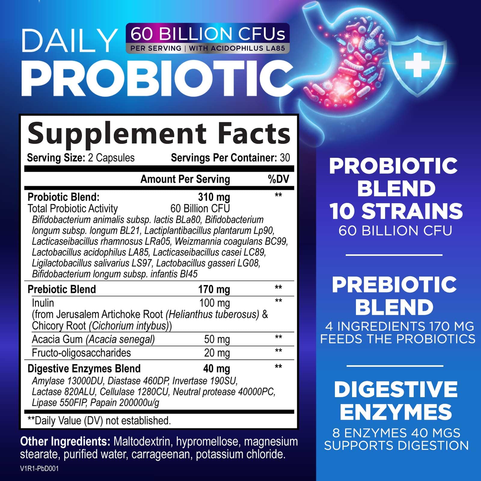 Probiotics 60 Billion CFU - 10 Strains + Digestive Enzymes & Prebiotics - Best Probiotic for Women & Men, Supports Immune, Gut Health, Occasional Constipation, Diarrhea, Gas & Bloating - 60 Capsules Nature's PeakAu supplements