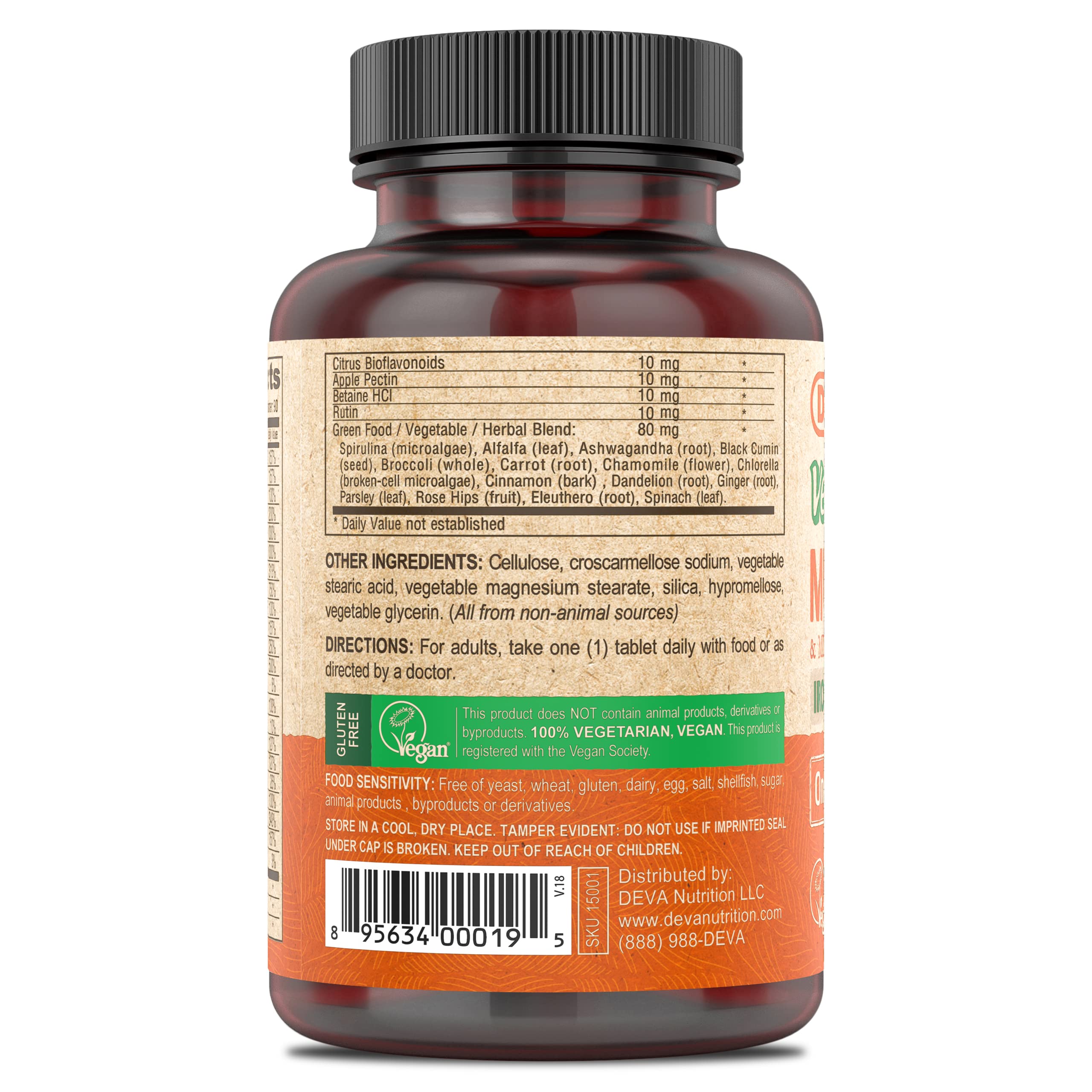 DEVA Vegan Iron-Free Multivitamin & Mineral Supplement, Green Food Blend, Spirulina, Chlorella, Ashwagandha, Broccoli, 90 Coated Tablets DEVAAu supplements