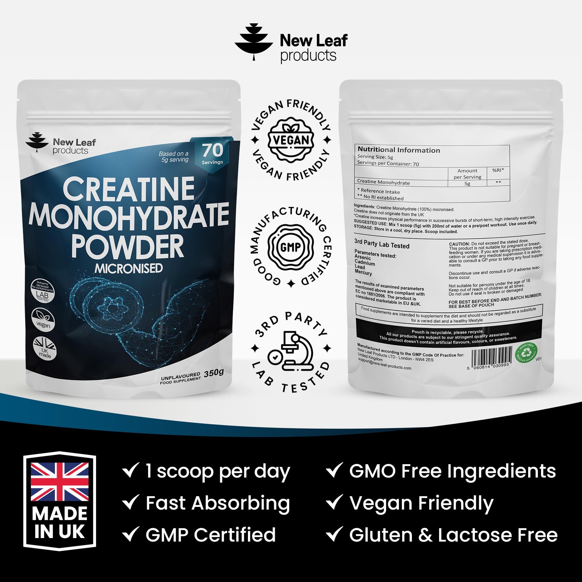 Creatine Monohydrate Powder 100% Pure Micronized Creatine - 350g Increased Absorption NEW LEAF PRODUCTSUS supplements