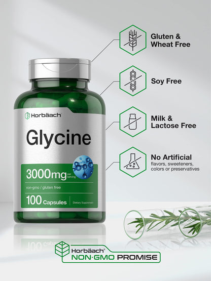 Glycine 3000 mg 100 Capsules | Non-GMO, Gluten Free Glycine Supplement | by Horbaach HorbäachUS supplements