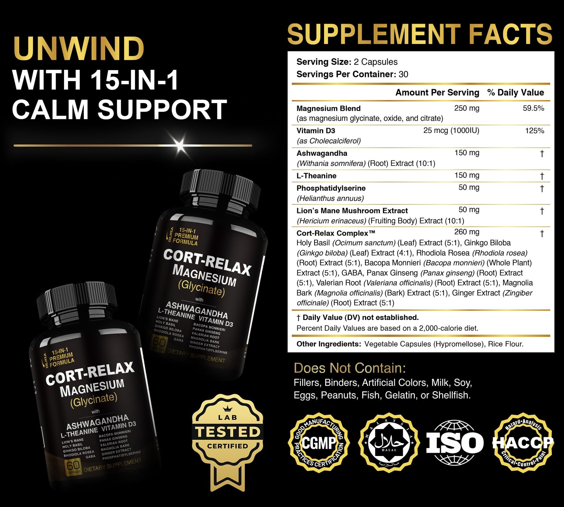 Super Calm Cortisol Supplements for Women & Men with Magnesium Glycinate, Ashwagandha, L-Theanine, Phosphatidylserine, Ginkgo & Lions Mane for Calm, Focus, Mental Clarity, Relaxation, Sleep, Energy DLNIAAu supplements