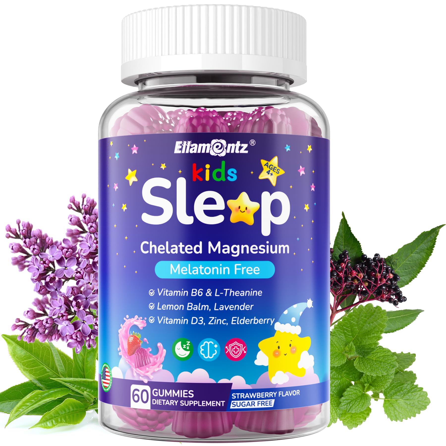 Kids Sleep Gummies, NO Melatonin Sleep Aid Gummies w/ Magnesium Glycinate, Magnesium Malate, L-Theanine, Lavender, B6, Zinc, D3K2 for Restful Sleep, Relax Brain & Muscle, Immune Support, Non-GMO 1Pack ELLAMENTZAu supplements