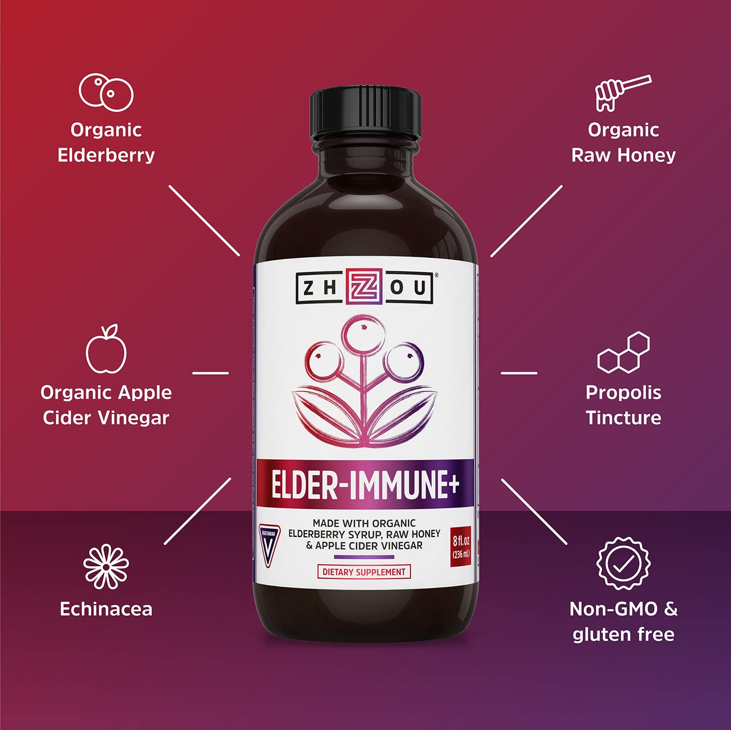 Zhou Nutrition Elderberry Syrup, Immune System Booster with Organic Elderberry Syrup Zhou NutritionUS supplements