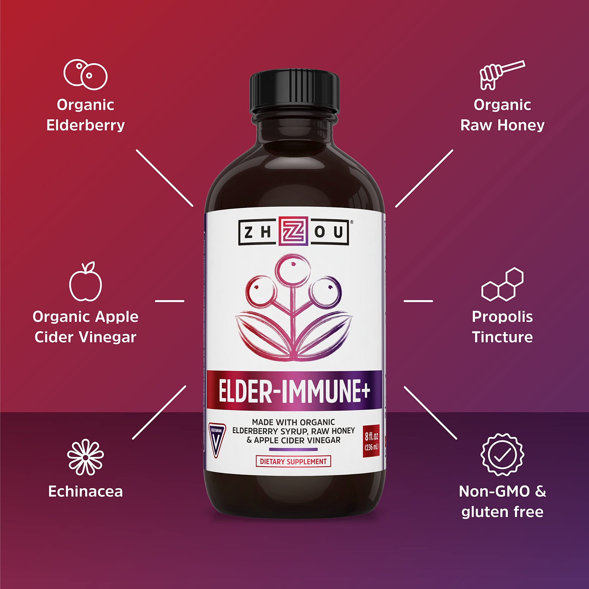 Zhou Nutrition Elderberry Syrup, Immune System Booster with Organic Elderberry Syrup Zhou NutritionUS supplements