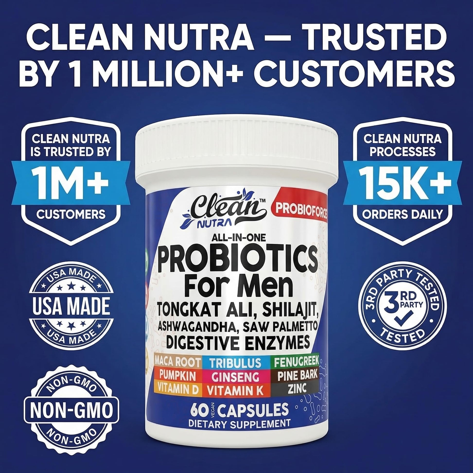 Clean Nutra Probiotics for Men | Tongkat Ali, Saw Palmetto, Tribulus, Ginseng, Ashwagandha, Maca, Pumpkin, Gingko Biloba, Pine Bark, Fenugreek, Shilajit, Zinc - Mens Probiotic 60 Capsules Clean NutraceuticalsAu supplements
