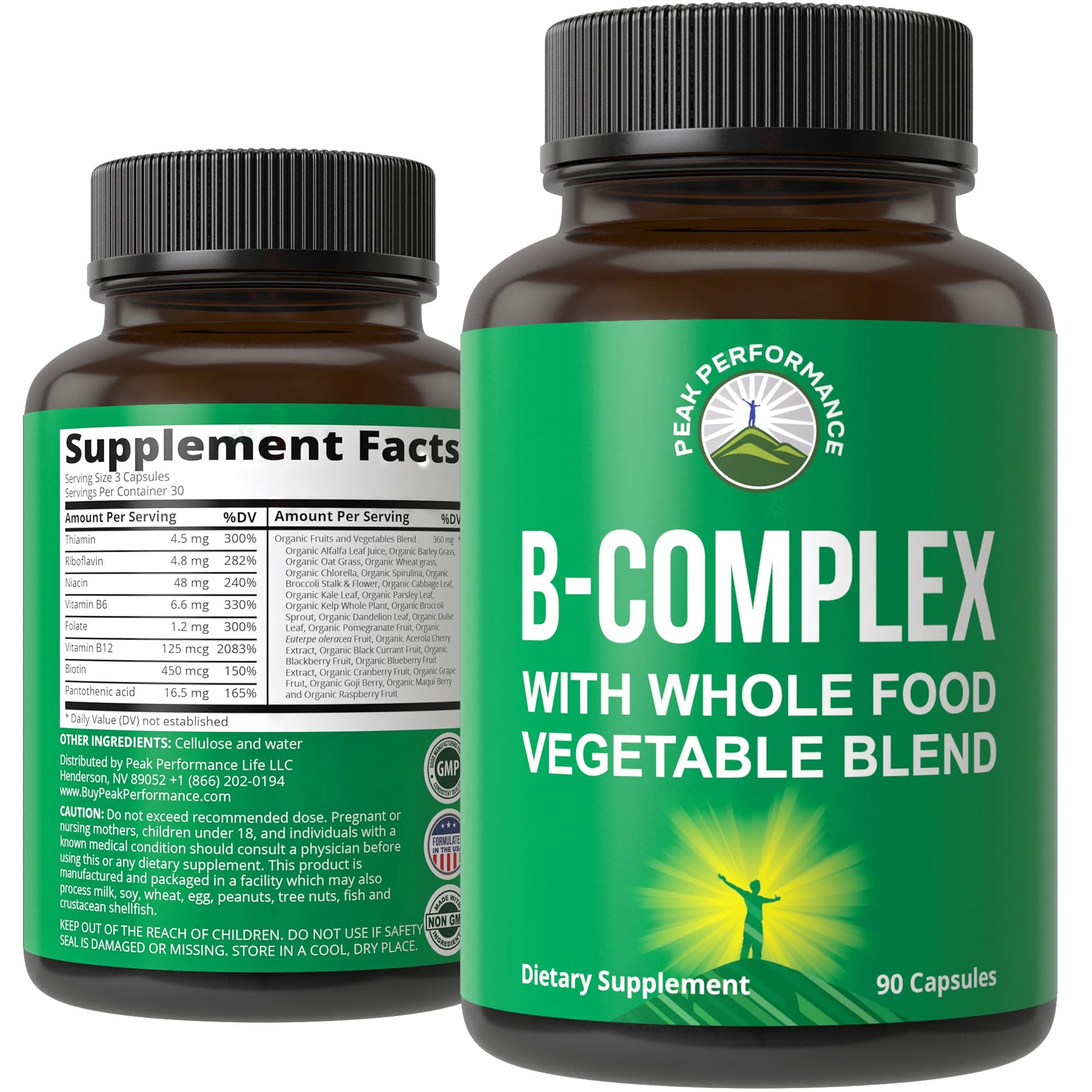 Vitamin B Complex Capsules + Whole Food Blend of 25 Vegetables and Fruits for Max Absorption. Best Vegan B-Complex Supplement with Vitamin B1, B2, B3, B5, B6, B7, B9 and B12. 90 Capsules. Energy Boost Peak PerformanceAu supplements
