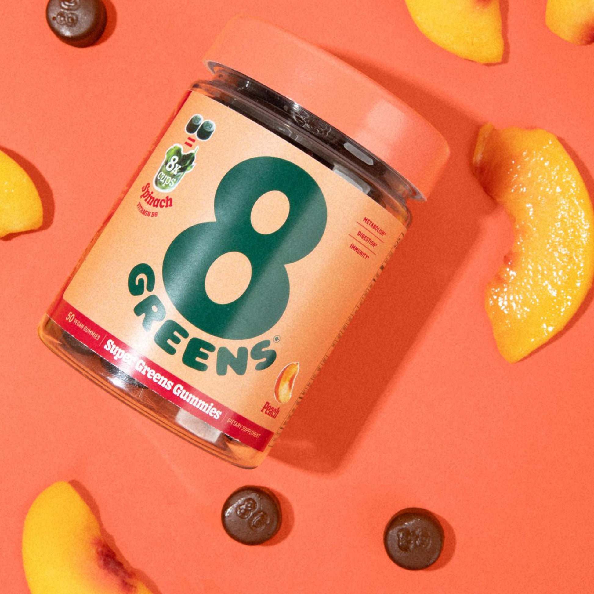 8Greens Supergreens Gummies | Super Greens Powder Superfood Gummy for Metabolism, Immunity & Focus, Digestive Health Enzymes, Organic: Chlorella, Spirulina, Aloe Vera, Peach Flavor, 200 Count 8GreensAu supplements