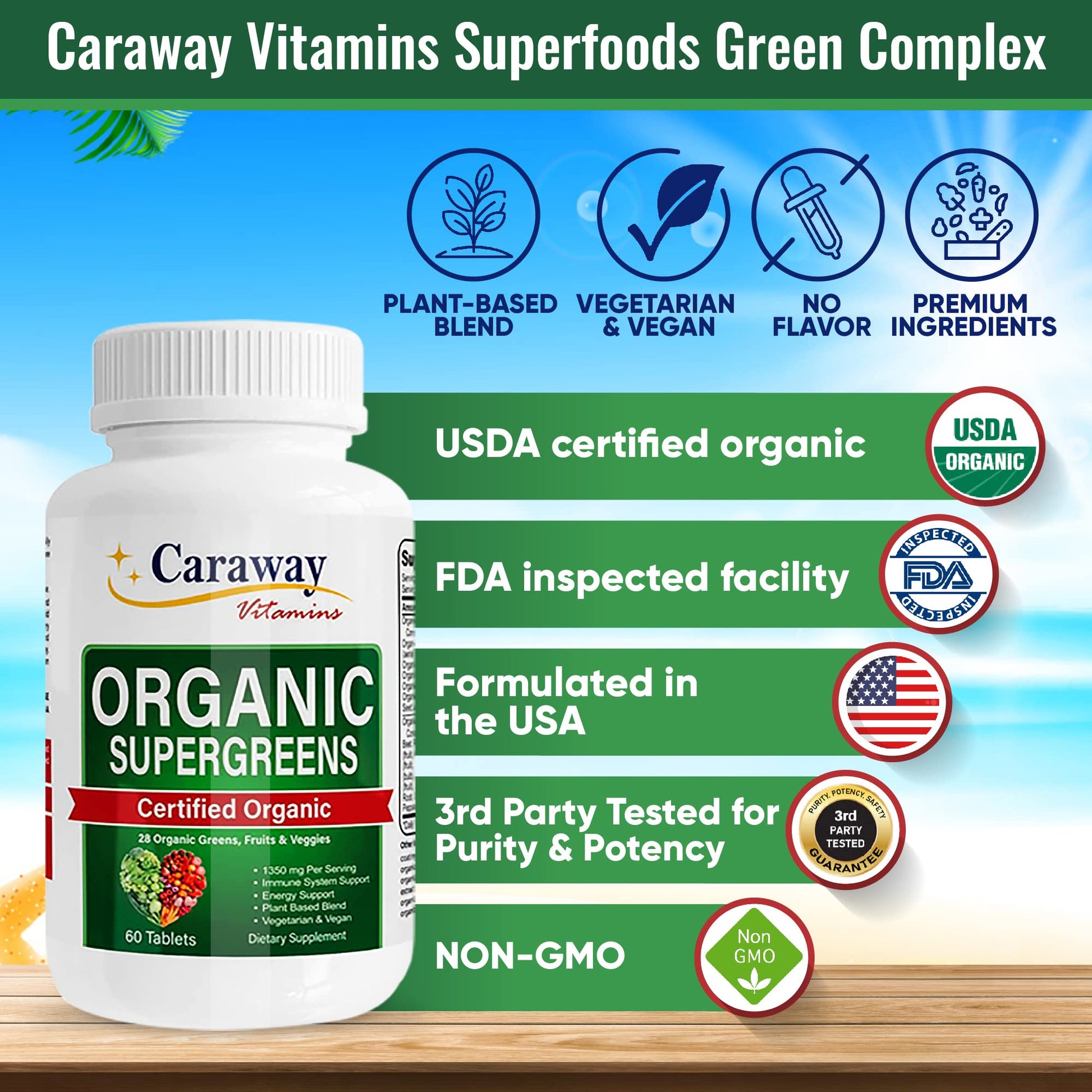 Organic Superfoods Vitamins Super Greens Complex by Caraway Vitamins 1,350 mg per Serving 28 Fruits Vegetables Greens 60 Count Tablets Non-GMO Natural for Men & Women Caraway VitaminsAu supplements