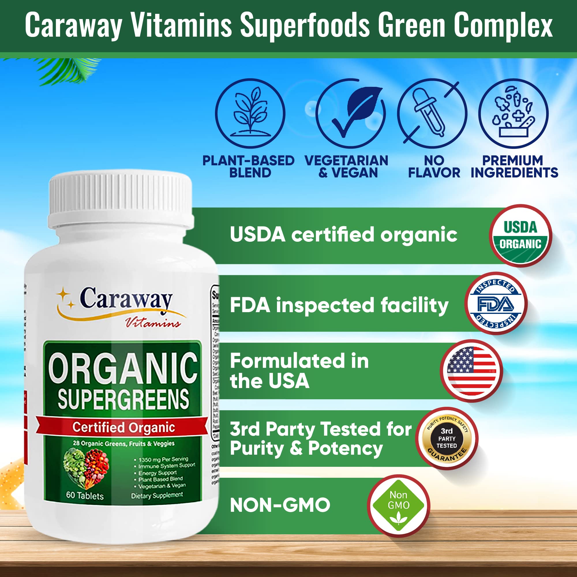 Organic Superfoods Vitamins Super Greens Complex by Caraway Vitamins 1,350 mg per Serving 28 Fruits Vegetables Greens 60 Count Tablets Non-GMO Natural for Men & Women Caraway VitaminsAu supplements