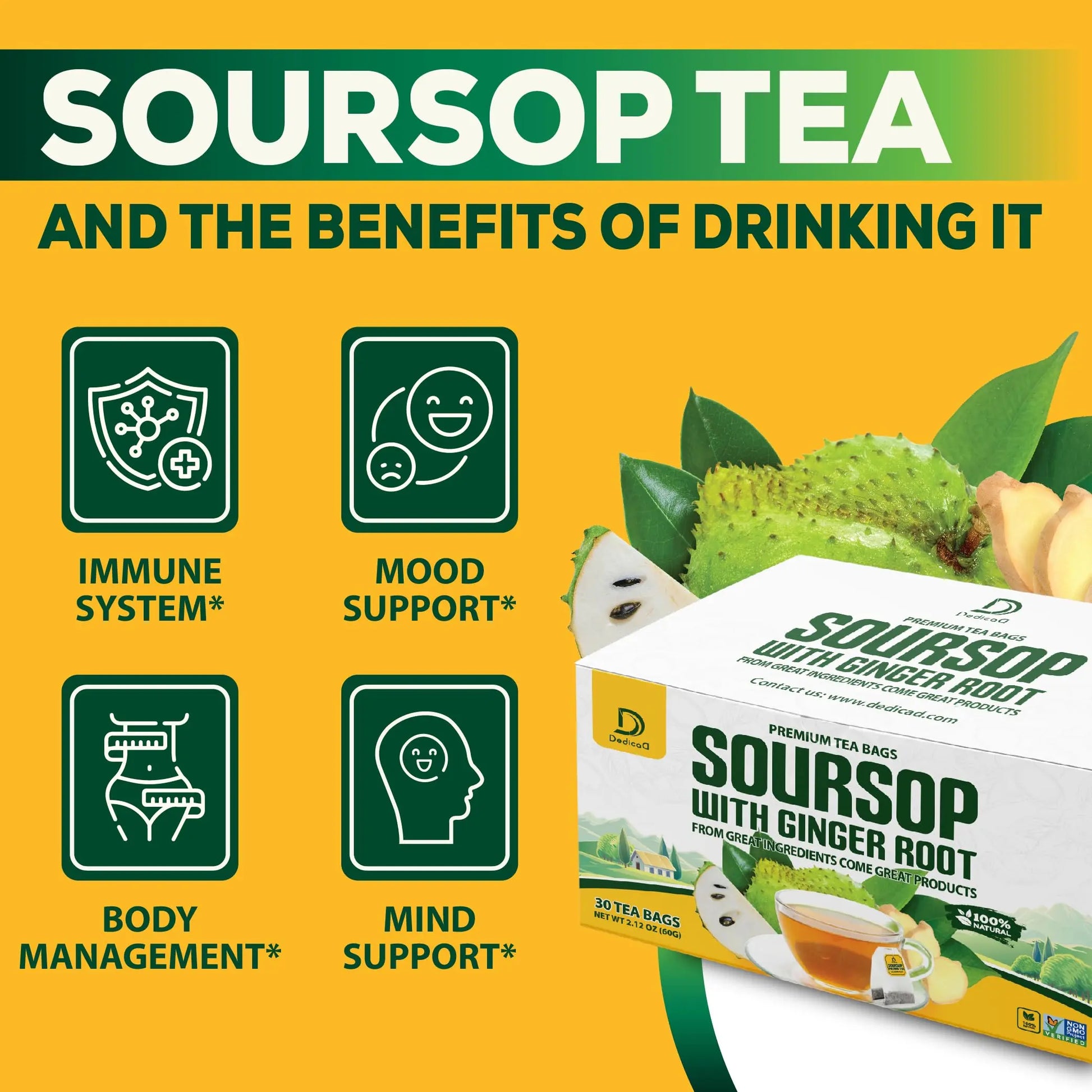 DEDICAD Soursop Leaves Tea Bags with Ginger, 30 Tea bags, 2gr/bag - Non-GMO/Caffeine free - Support Digestion, Well Skin, Immune System DEDICADnz supplements