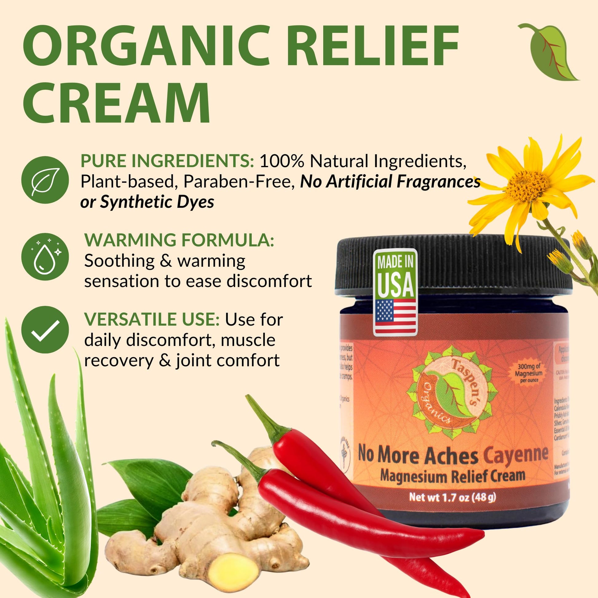 Taspen's Organics Magnesium No More Aches Cayenne Relief Cream – Pain, Tension & Nerve Comfort – Muscle Relief – Warming with Cayenne, Ginger, Arnica & St. John's Wort – Topical Fast Relief (1.7 oz) Taspen's OrganicsAu supplements