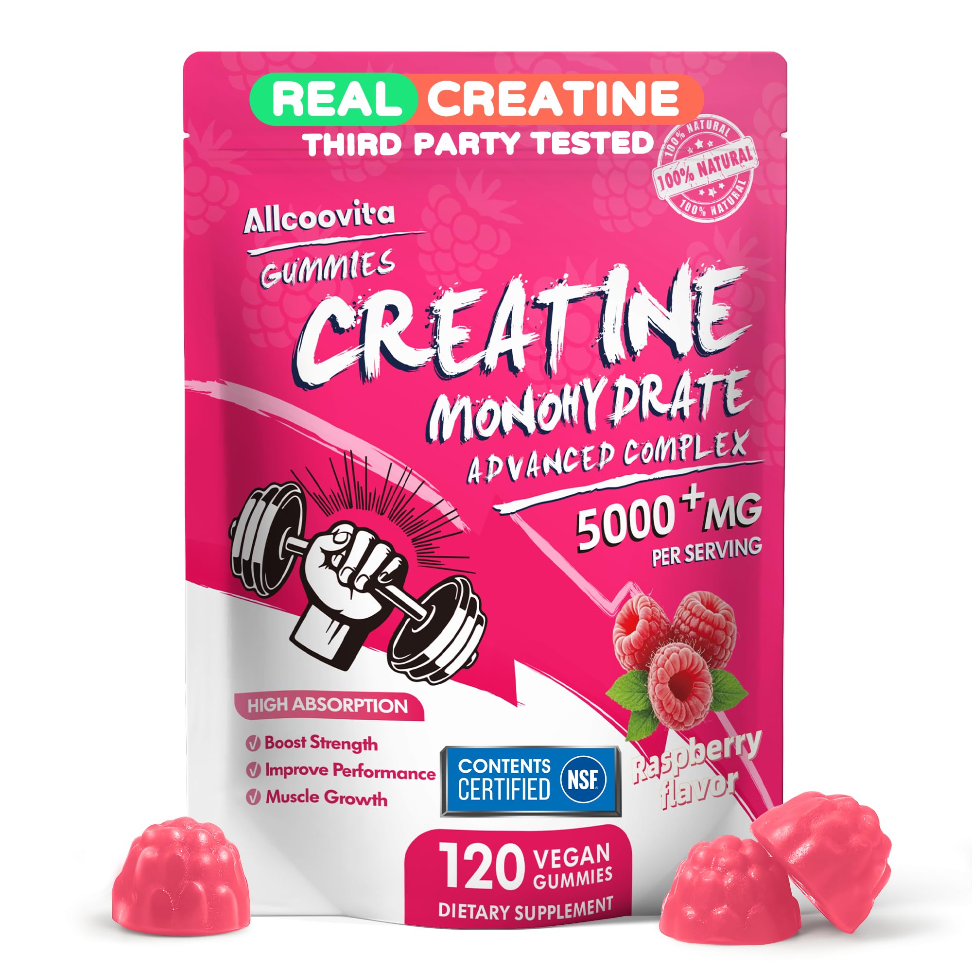 NSF Certified Creatine Gummy - Creatine Monohydrate Gummies 5000mg for Men & Women -120 Gummies Advanced Formula, Muscle Strength, Muscle Builder, Energy Boost, Pre-Workout Supplement-Raspberry AllcoovitaAu supplements