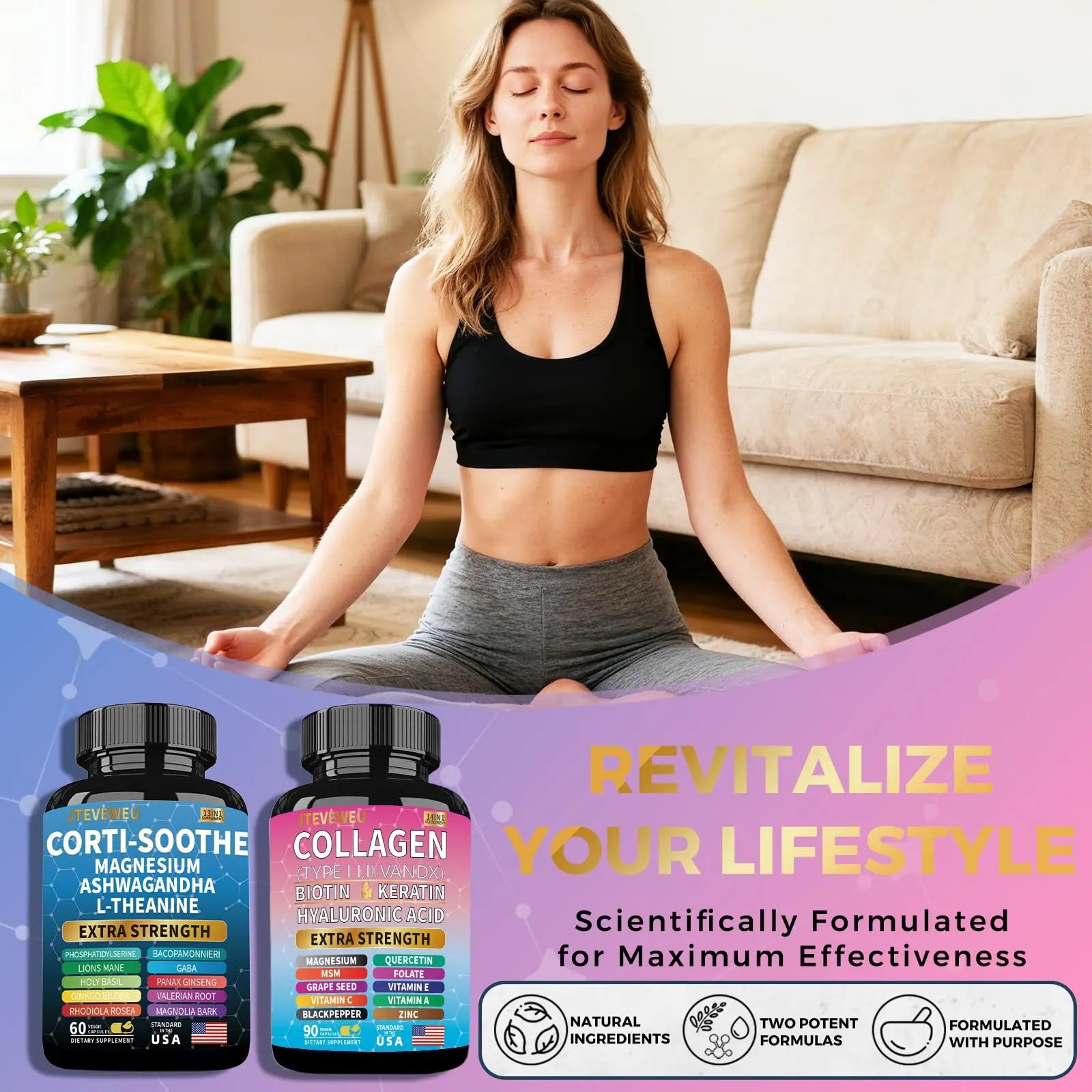 JTEVEweu Shining Serenity Set, Cortisol Support with Ashwagandha, L-Theanine, Magnesium, Lions Mane, GABA, Bacopa Monnieri, Collagen Biotin, Keratin, Hyaluronic Acid, Quercetin JTEVEweunz supplements