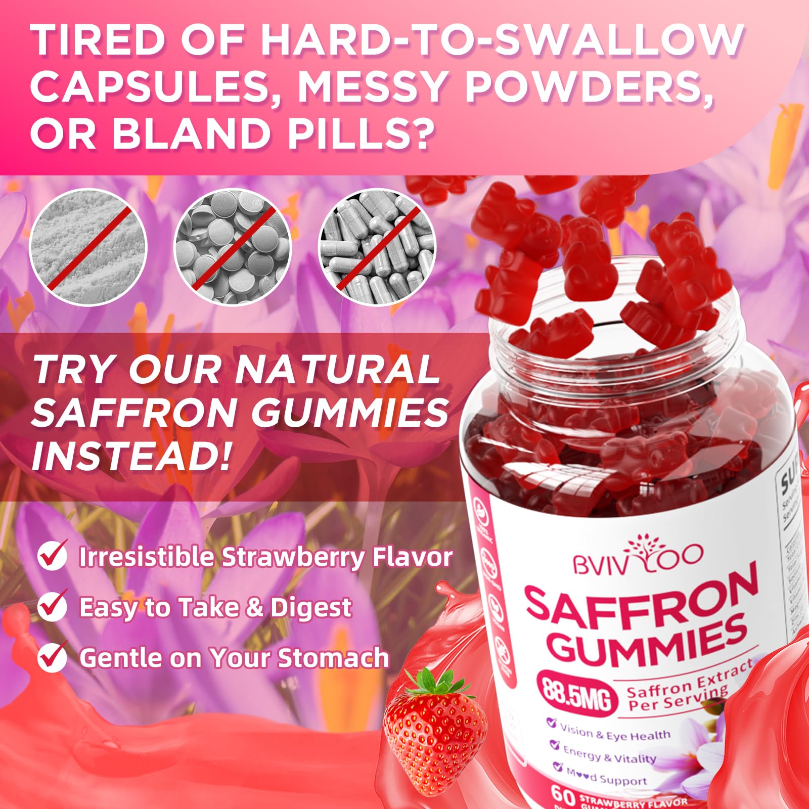 Saffron Gummies for Adult Kids, 10-IN-1 Formula with Saffron 88.5mg, Vitamins D3 & B6, Magnesium, Zinc, Ashwagandha, L-Theanine, St. John's Wort - Supports Mood & Focus, Strawberry Flavor, 60 Count BVIVLOOAu supplements