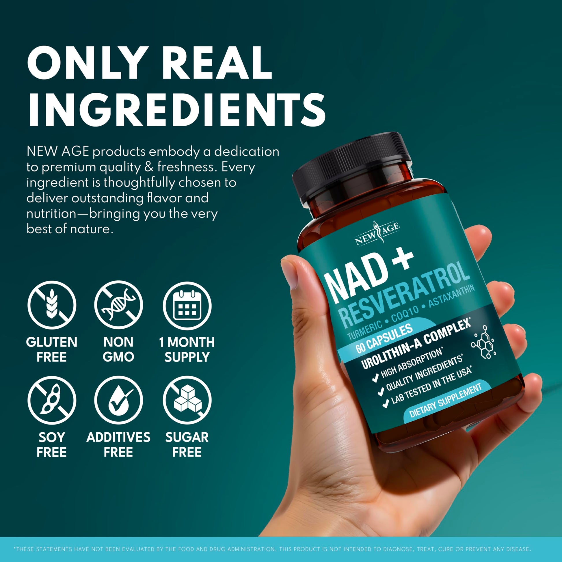 NEW AGE NAD+ Supplement Complex – NAD+ 300 mg with Astaxanthin, Urolithin A, Resveratrol, CoQ10 & Antioxidant Blend – Cellular Energy, Support or Women & Men – Vegan, Non-GMO- 120 Count NEW AGEAu supplements